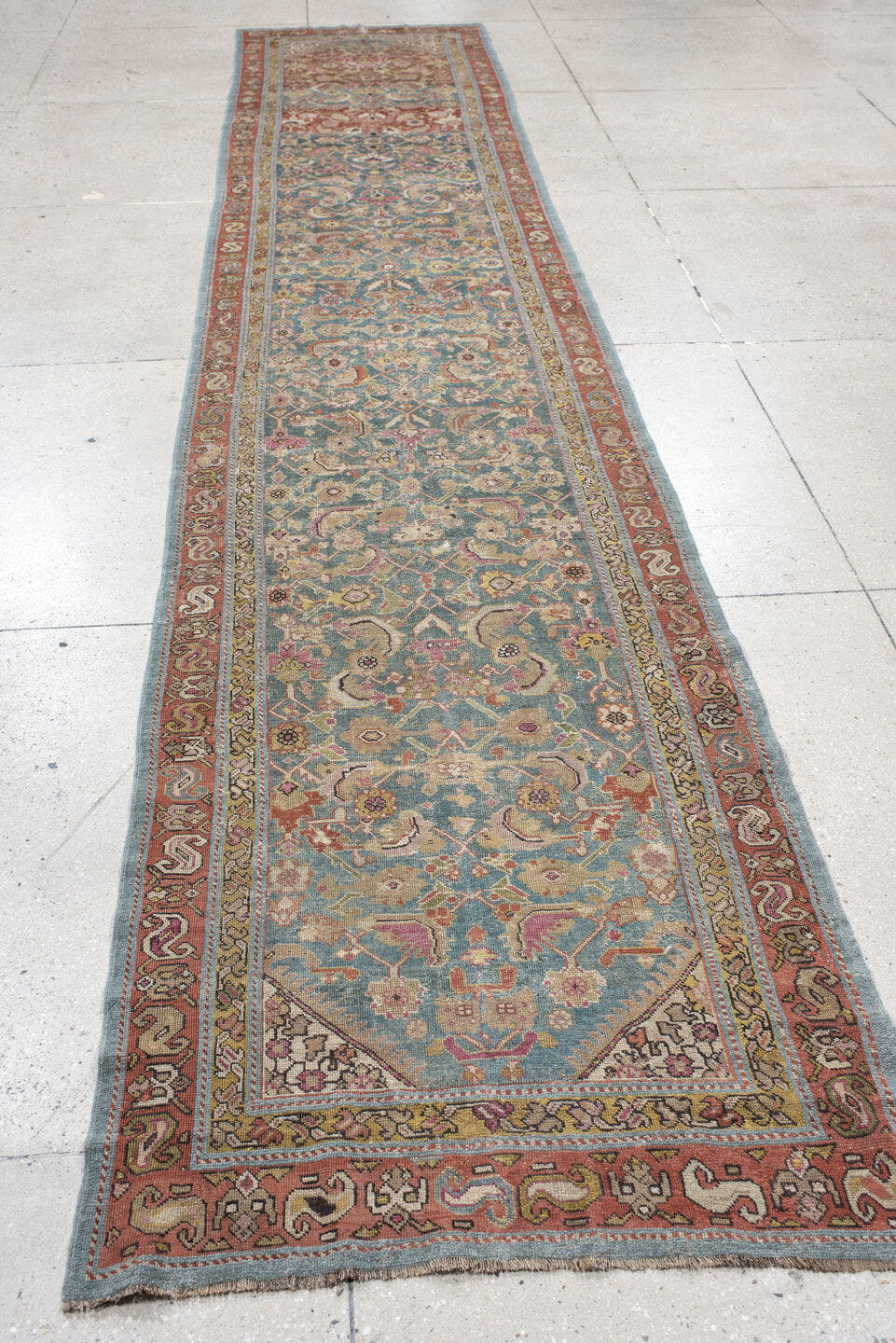 3' x 16' one-of-a-kind handmade vintage Karabagh runner rug. Color palette: blue, rust, ivory, taupe, rose, sage, gold