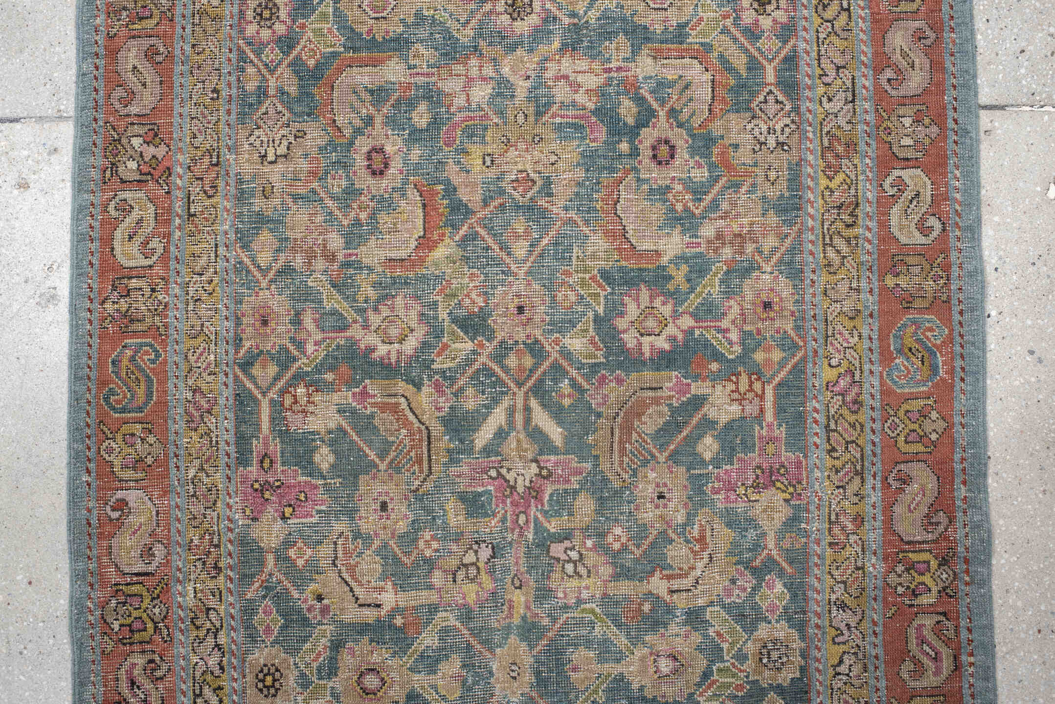 3' x 16' one-of-a-kind handmade vintage Karabagh runner rug. Color palette: blue, rust, ivory, taupe, rose, sage, gold