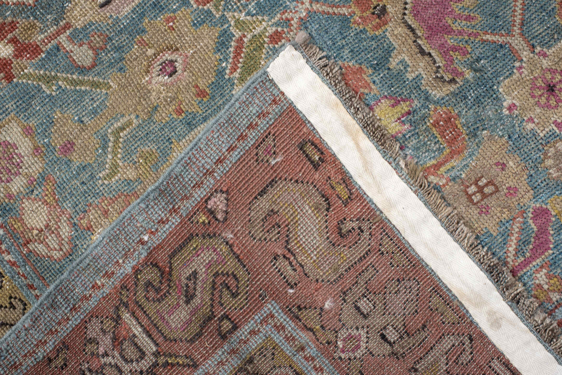 3' x 16' one-of-a-kind handmade vintage Karabagh runner rug. Color palette: blue, rust, ivory, taupe, rose, sage, gold