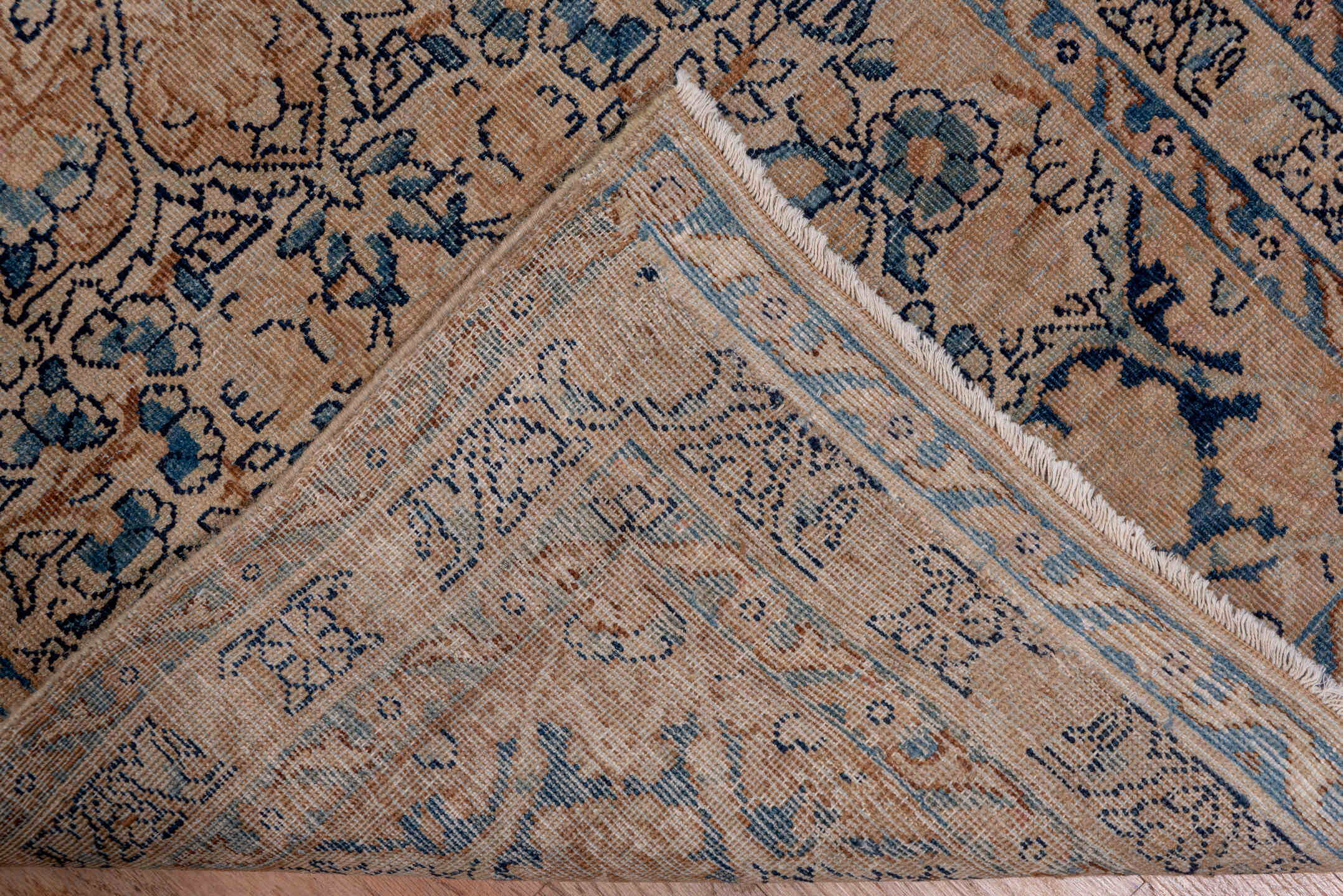 2' x 16' one-of-a-kind handmade antique Kerman runner rug. Color palette: ivory, blue, taupe, camel, slate, brown, beige