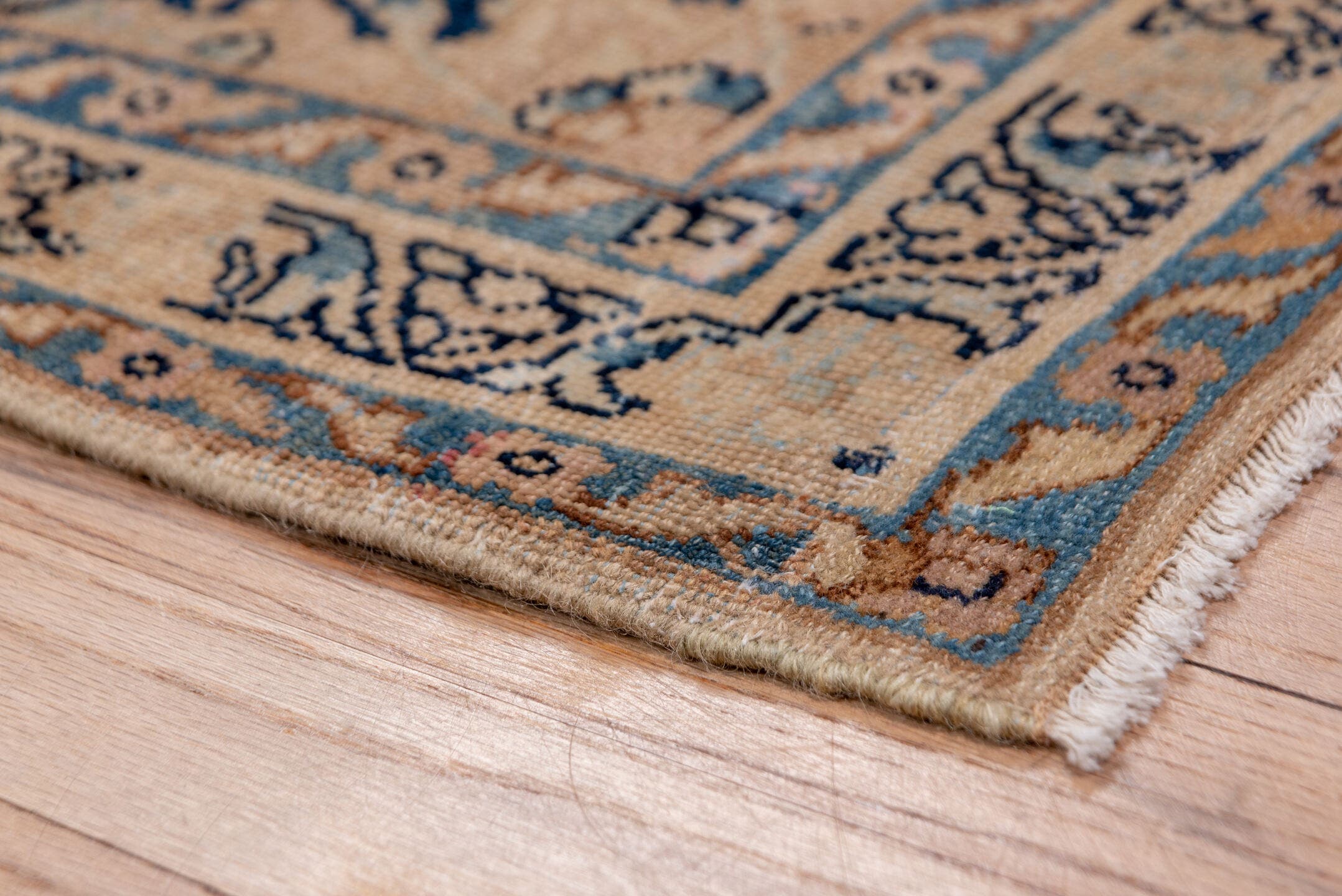 2' x 16' one-of-a-kind handmade antique Kerman runner rug. Color palette: ivory, blue, taupe, camel, slate, brown, beige
