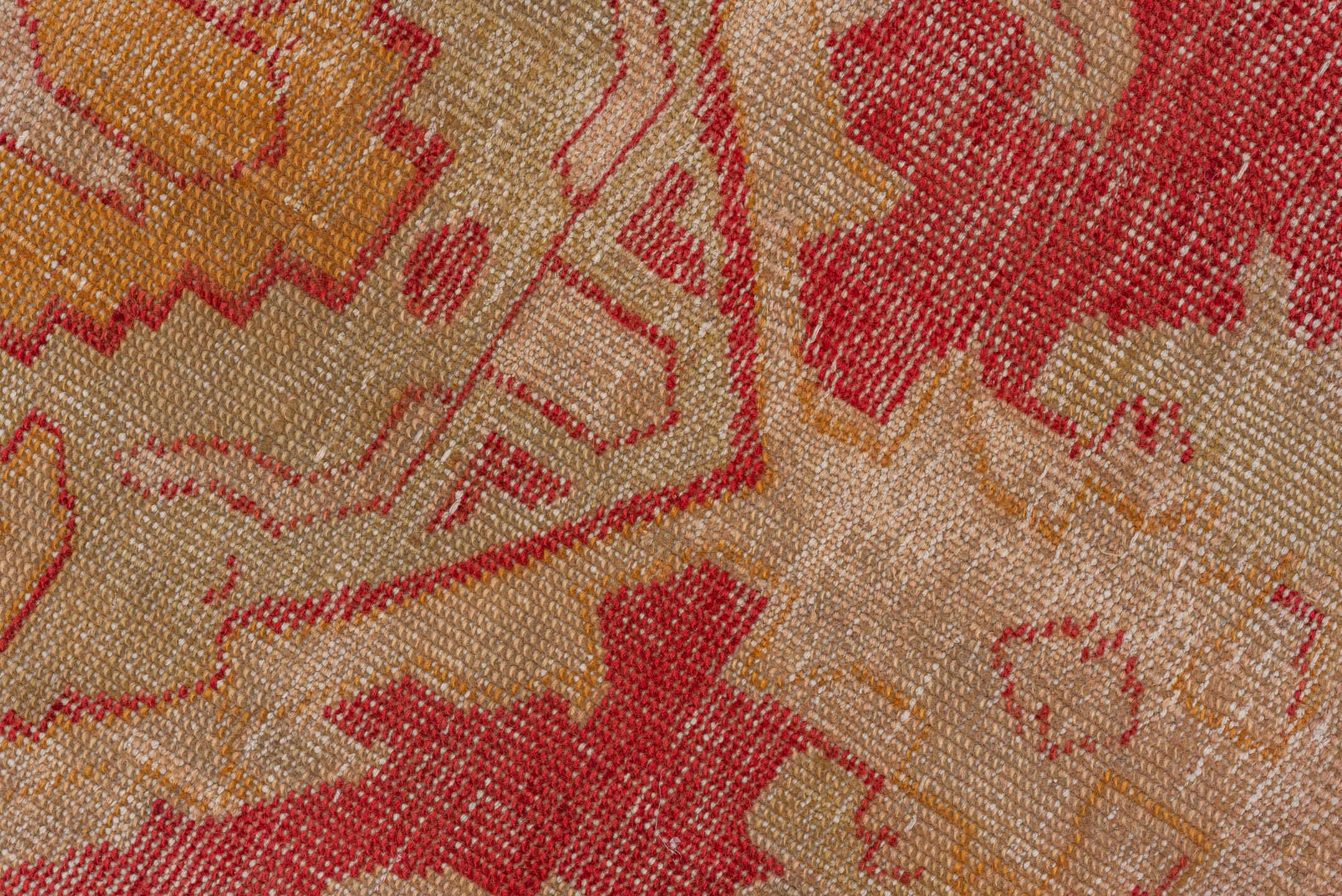 10' x 15' one-of-a-kind handmade antique Oushak rug. Color palette: rose, ivory, coral, gold, beige, saffron, pink, red