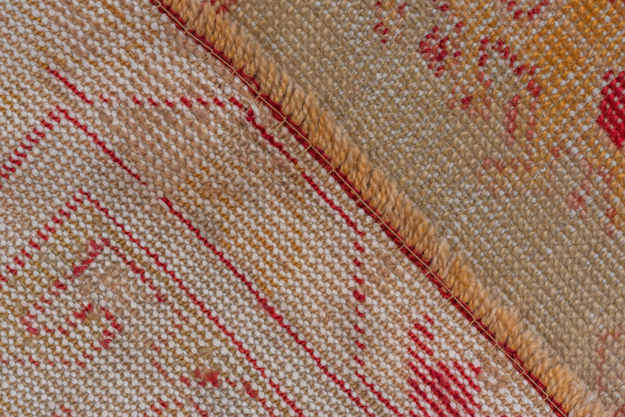 10' x 15' one-of-a-kind handmade antique Oushak rug. Color palette: rose, ivory, coral, gold, beige, saffron, pink, red