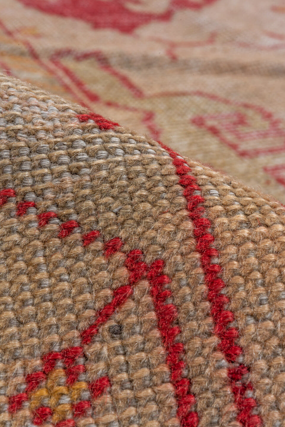 10' x 15' one-of-a-kind handmade antique Oushak rug. Color palette: rose, ivory, coral, gold, beige, saffron, pink, red