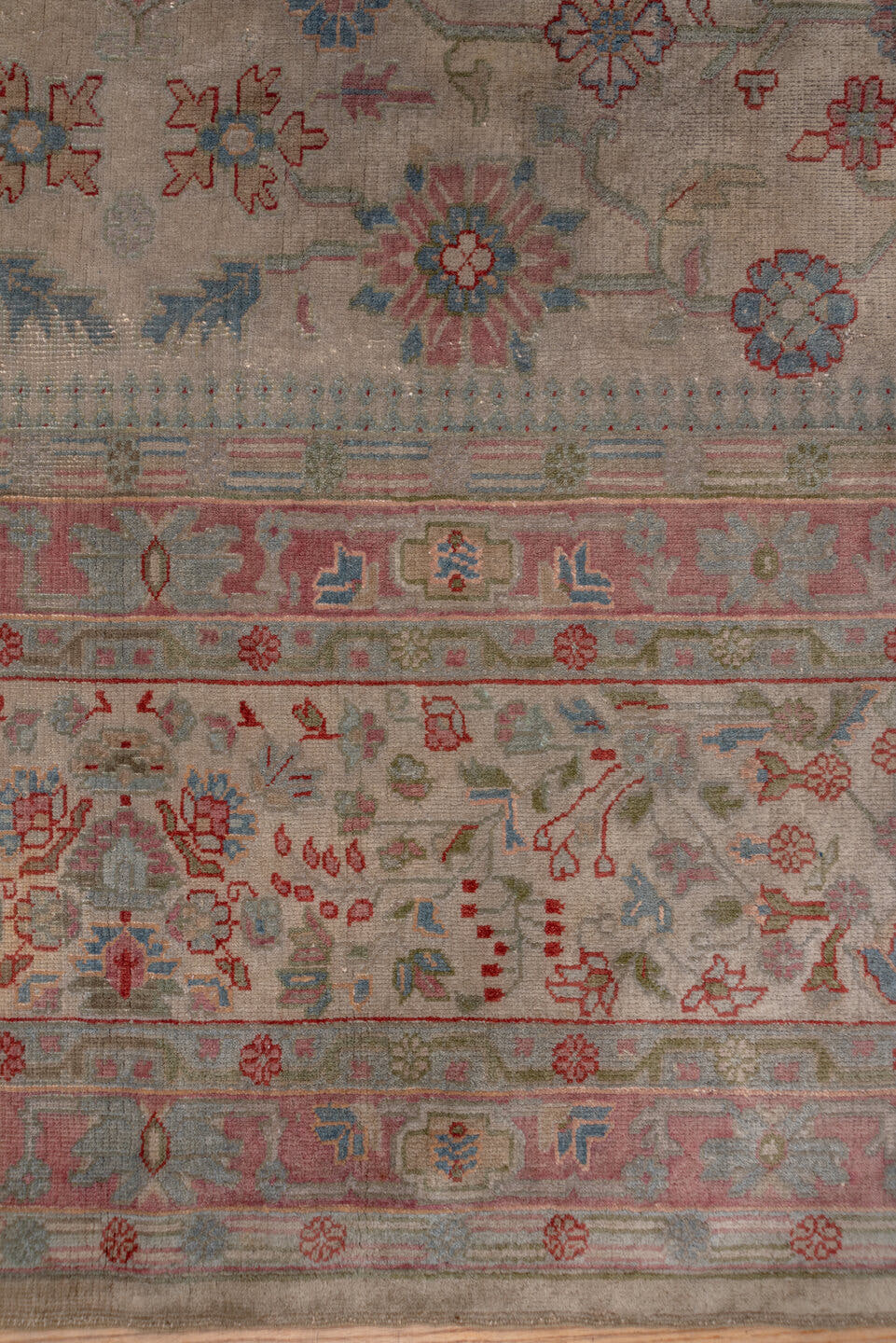 13' x 16' one-of-a-kind handmade antique Sivas oversize rug. Color palette: ivory, rose, taupe, muted blue, dusty pink