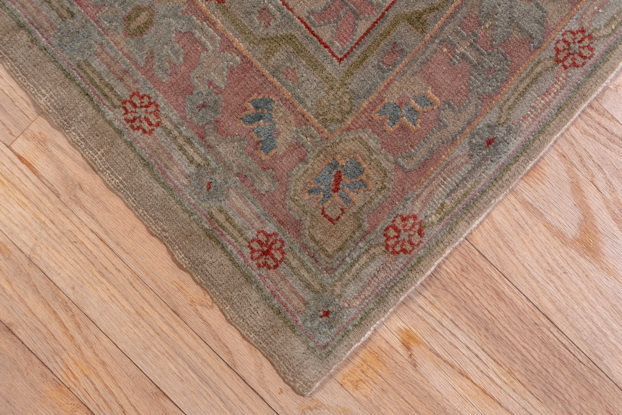 13' x 16' one-of-a-kind handmade antique Sivas oversize rug. Color palette: ivory, rose, taupe, muted blue, dusty pink