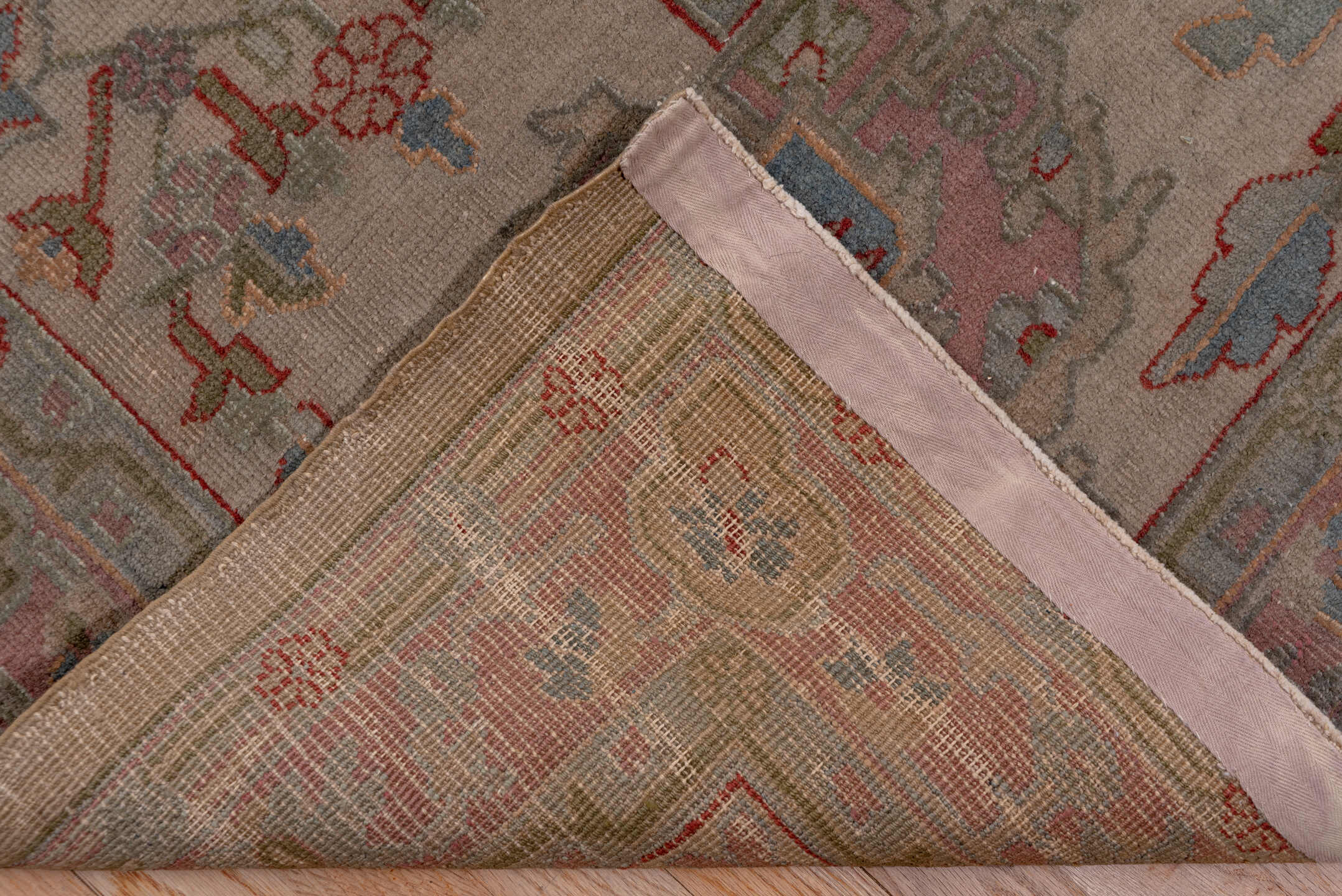 13' x 16' one-of-a-kind handmade antique Sivas oversize rug. Color palette: ivory, rose, taupe, muted blue, dusty pink