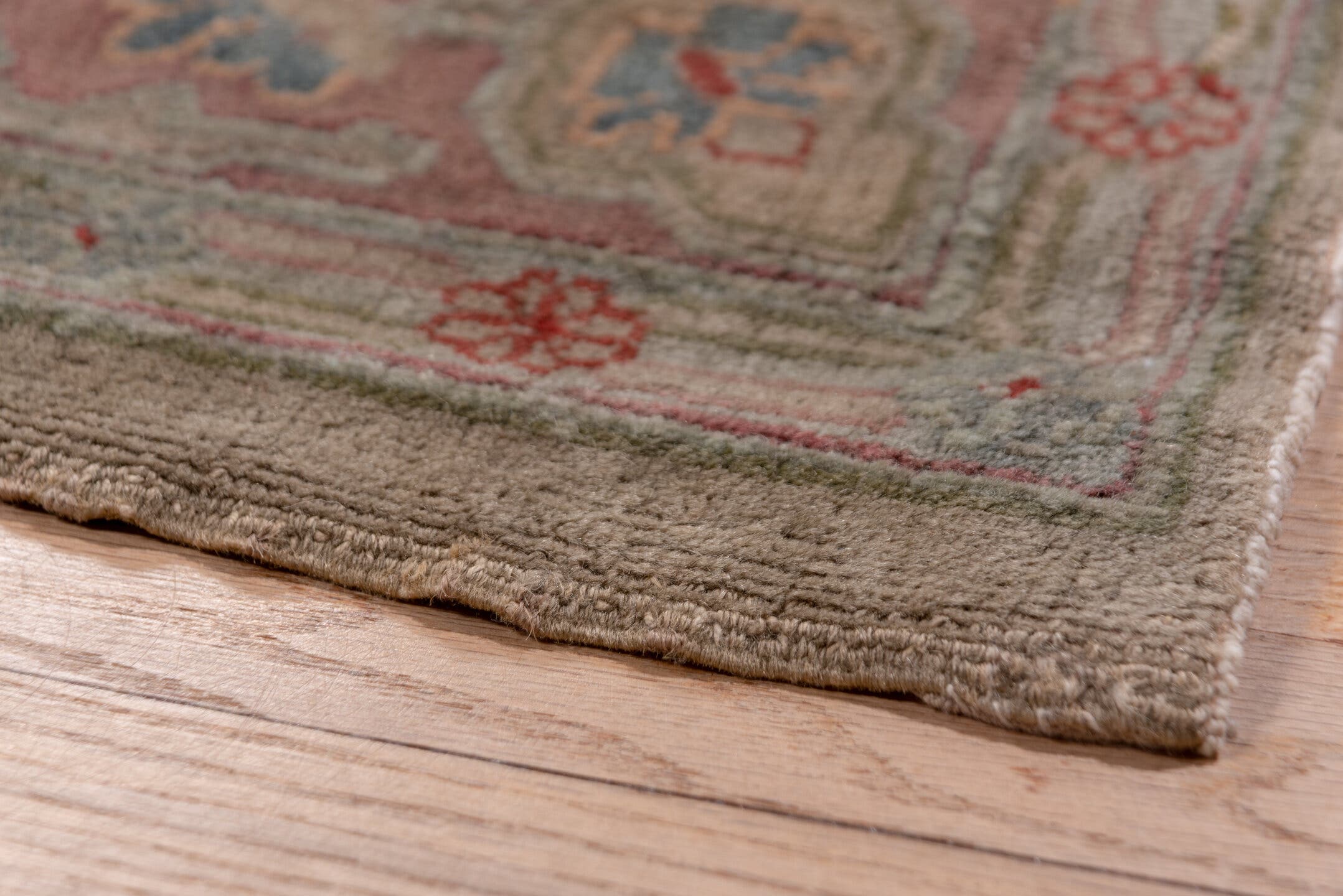 13' x 16' one-of-a-kind handmade antique Sivas oversize rug. Color palette: ivory, rose, taupe, muted blue, dusty pink