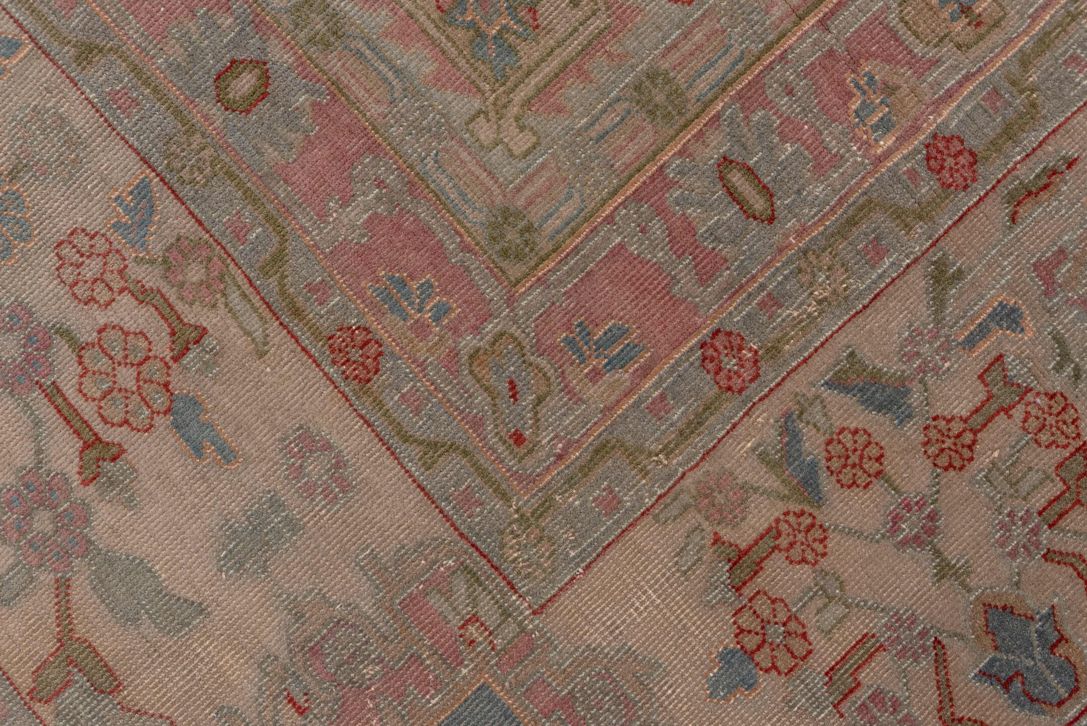 13' x 16' one-of-a-kind handmade antique Sivas oversize rug. Color palette: ivory, rose, taupe, muted blue, dusty pink