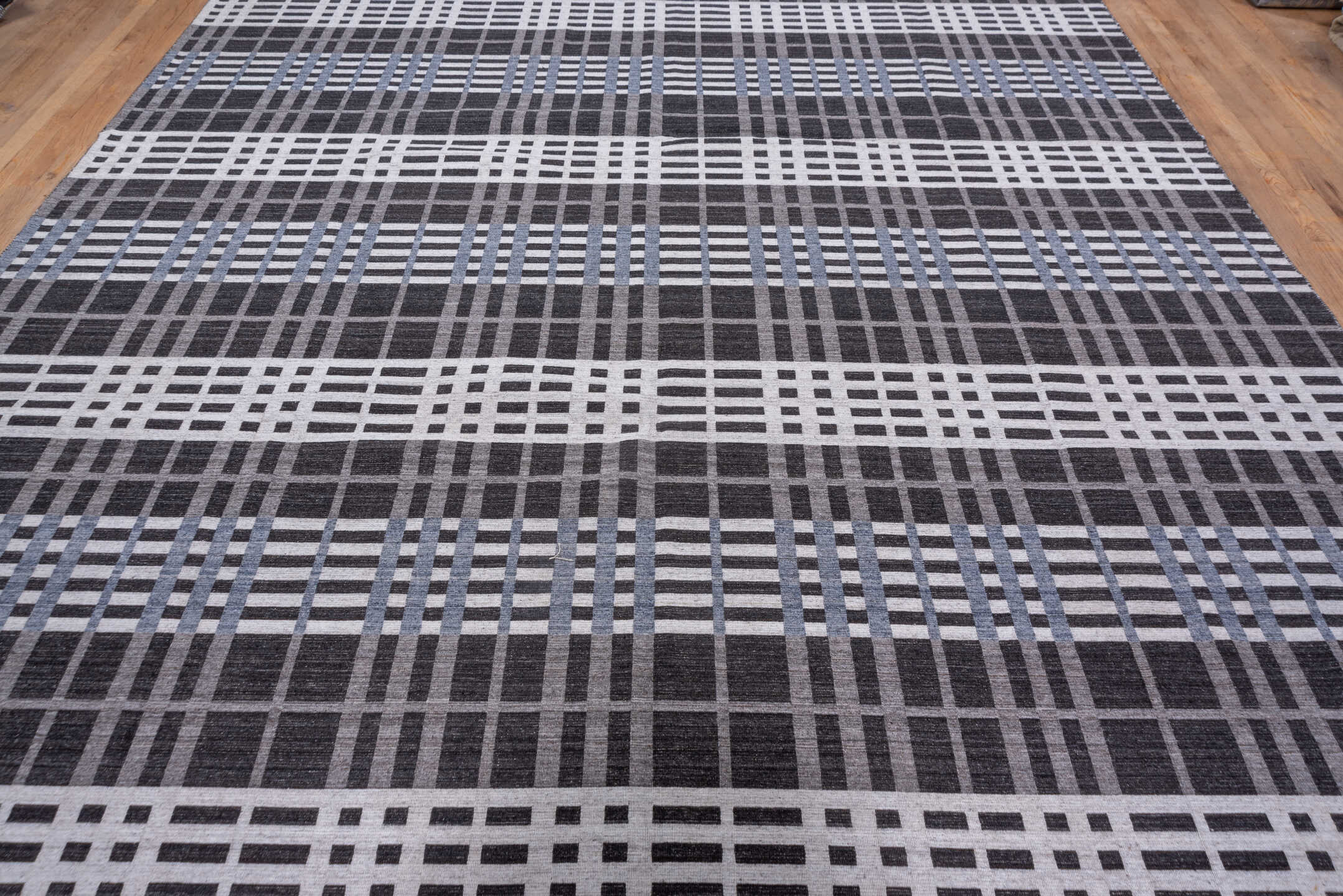 10' x 14' one-of-a-kind handmade vintage Kilim large size rug. Color palette: charcoal, ivory, gray, slate, blue, black