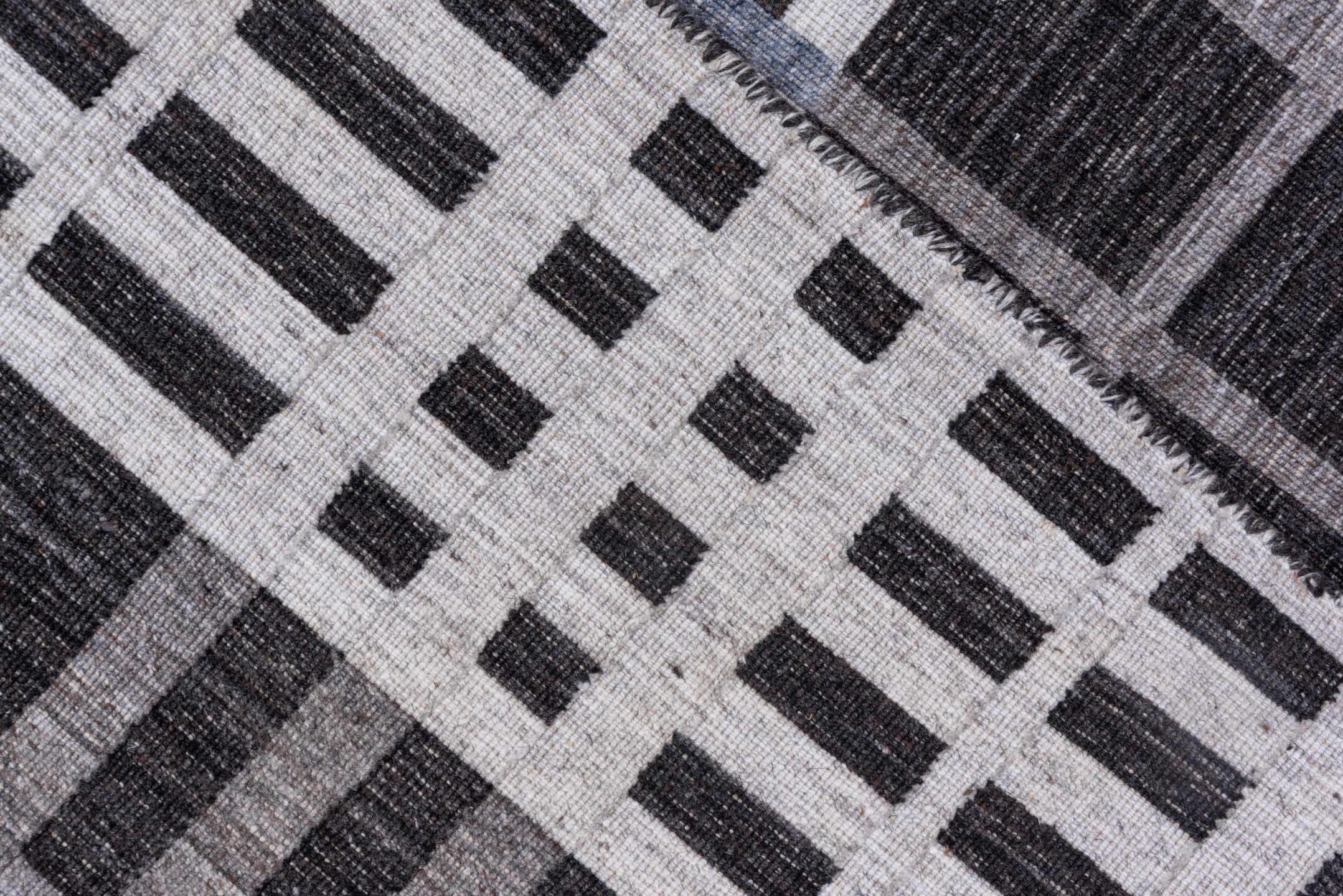 10' x 14' one-of-a-kind handmade vintage Kilim large size rug. Color palette: charcoal, ivory, gray, slate, blue, black