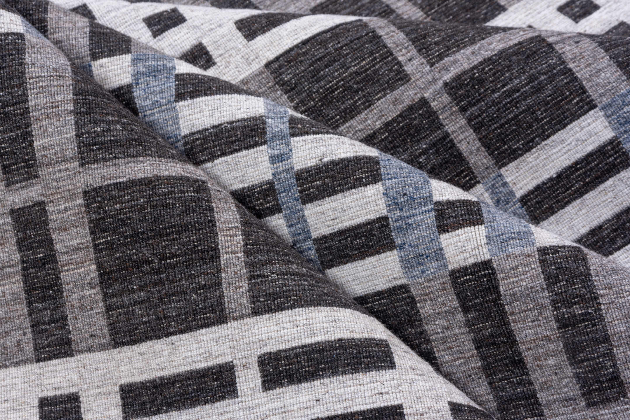 10' x 14' one-of-a-kind handmade vintage Kilim large size rug. Color palette: blue, gainsboro, gray, light gray, off-white