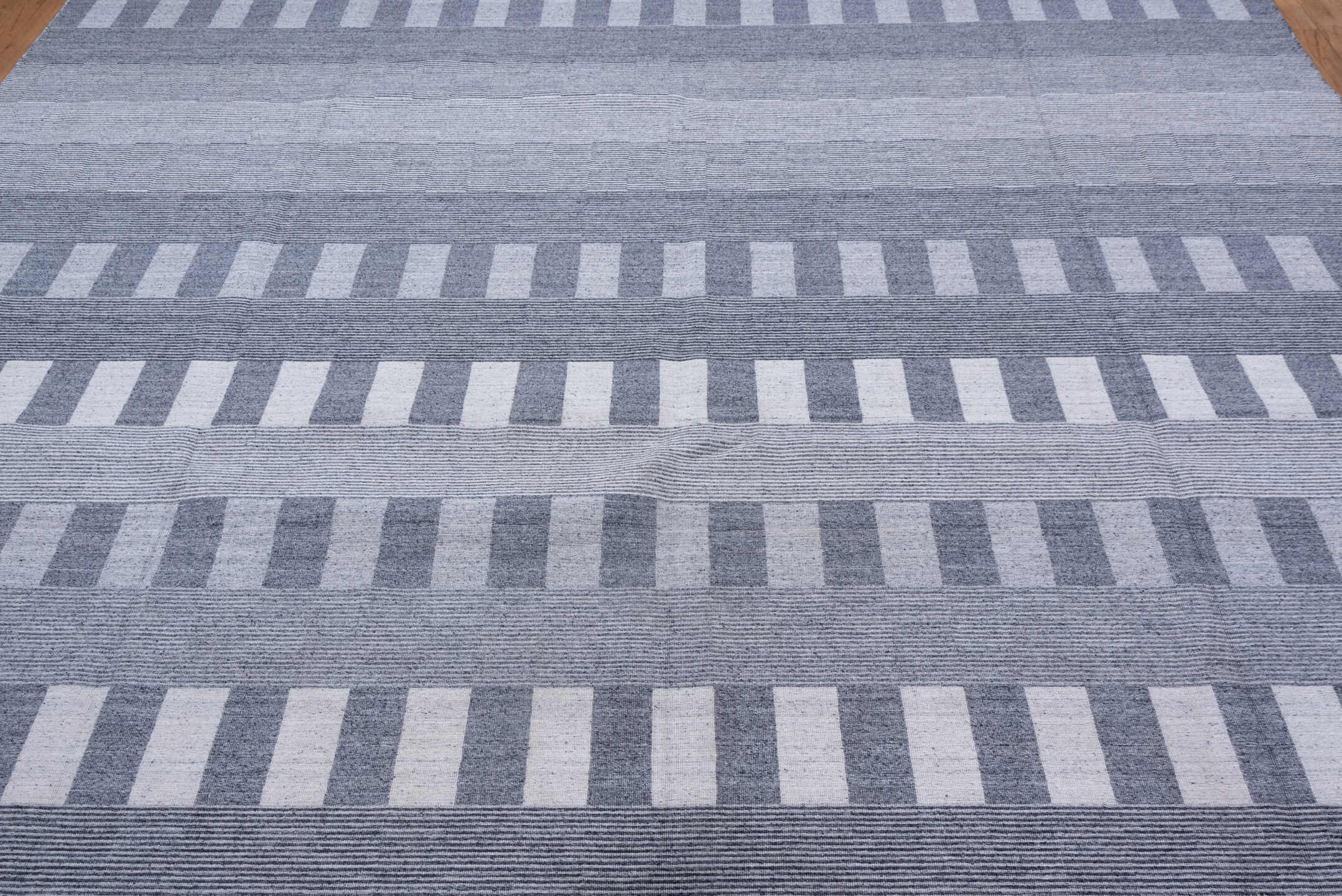 10' x 14' one-of-a-kind handmade vintage Kilim large size rug. Color palette: blue, ivory, slate, gray