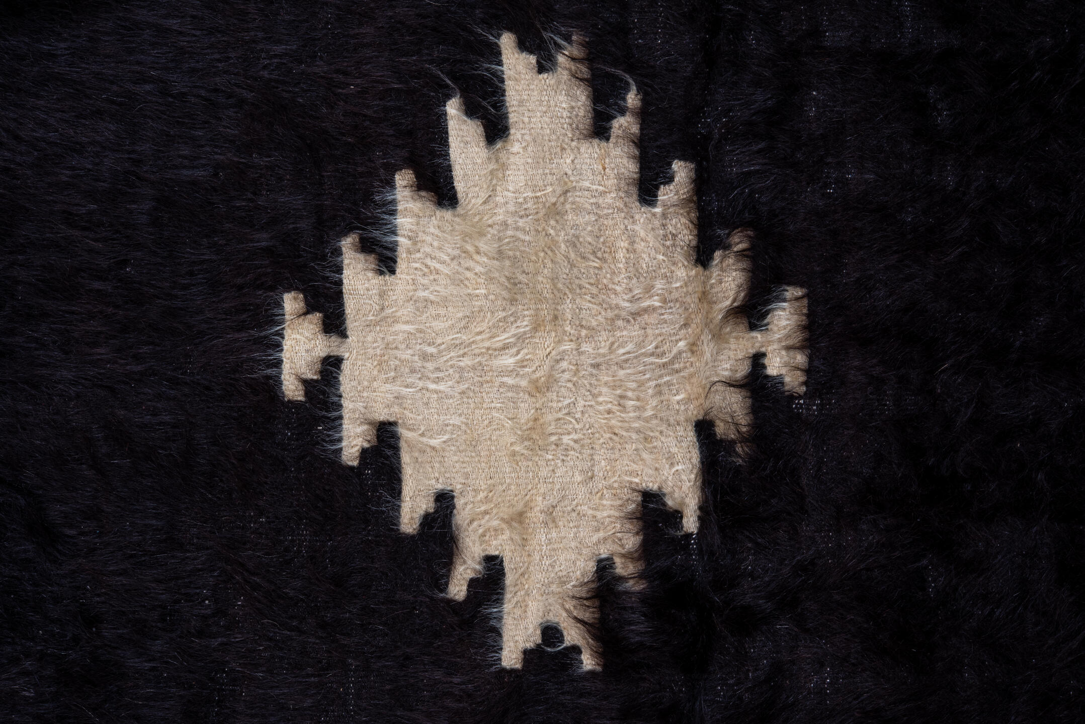 4' x 5' one-of-a-kind handmade vintage Anr small size rug. Color palette: black, blue, charcoal, gainsboro, gray, light gray