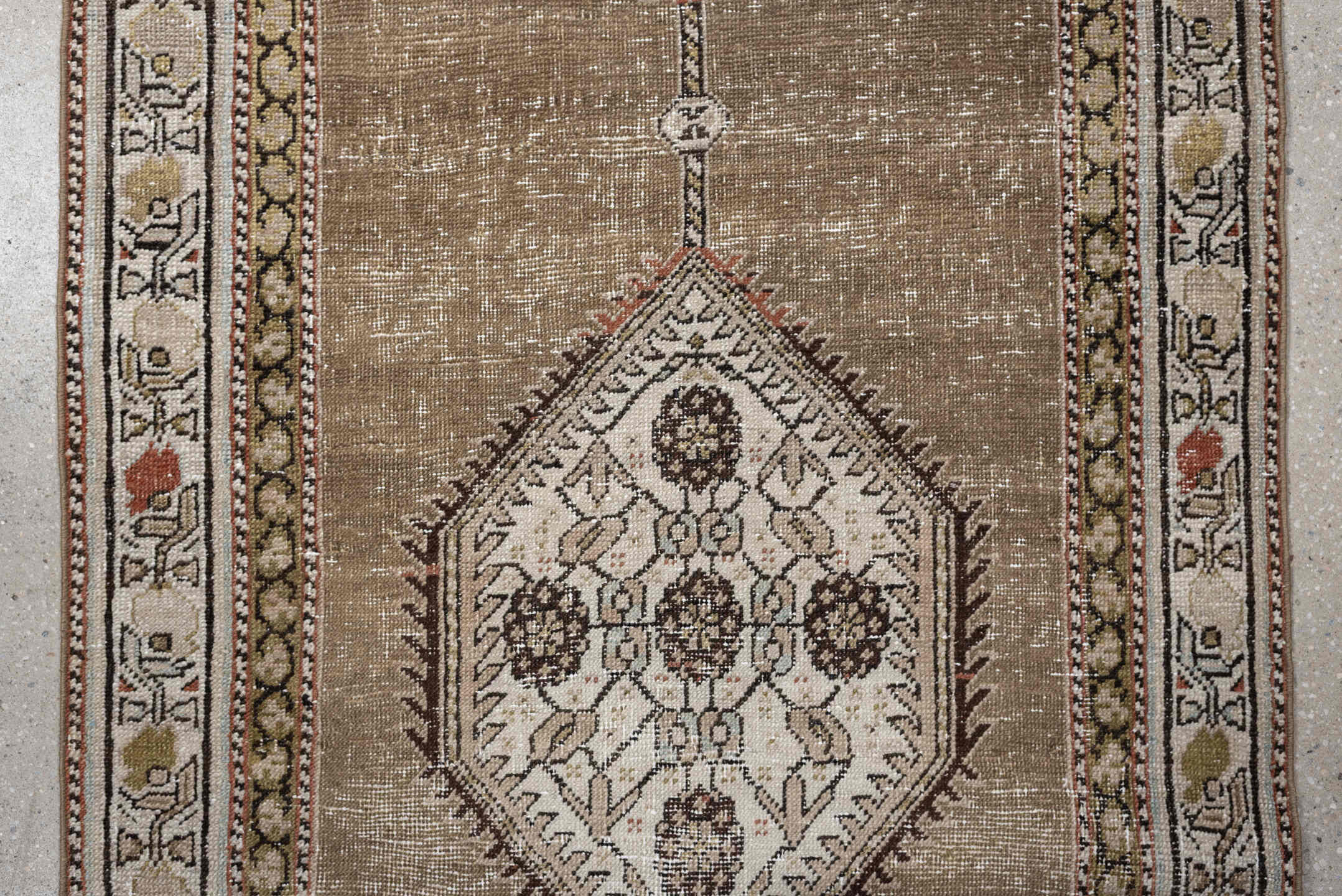 3' x 17' one-of-a-kind handmade antique NW Persian runner rug. Color palette: taupe, ivory, camel, pale blue, terracotta