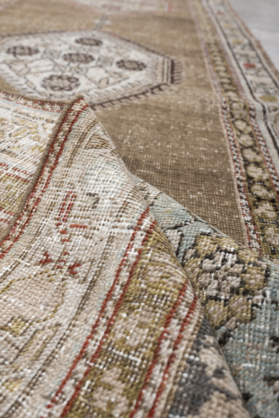 3' x 17' one-of-a-kind handmade antique NW Persian runner rug. Color palette: taupe, ivory, camel, pale blue, terracotta