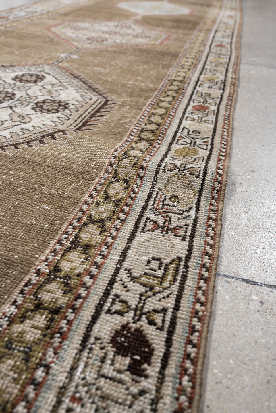 3' x 17' one-of-a-kind handmade antique NW Persian runner rug. Color palette: taupe, ivory, camel, pale blue, terracotta