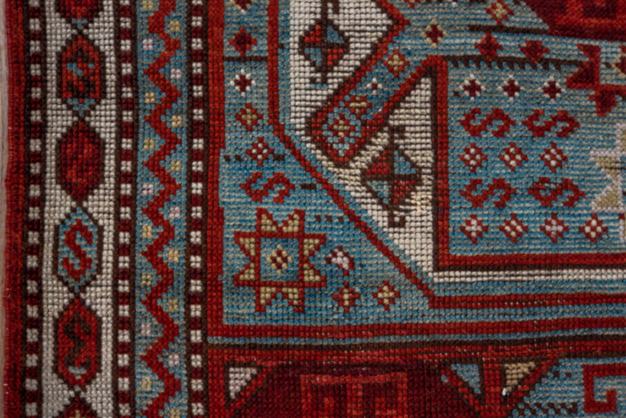 3' x 13' one-of-a-kind handmade antique Anatolian runner rug. Color palette: rust, pale blue, ivory, brick, brown, charcoal