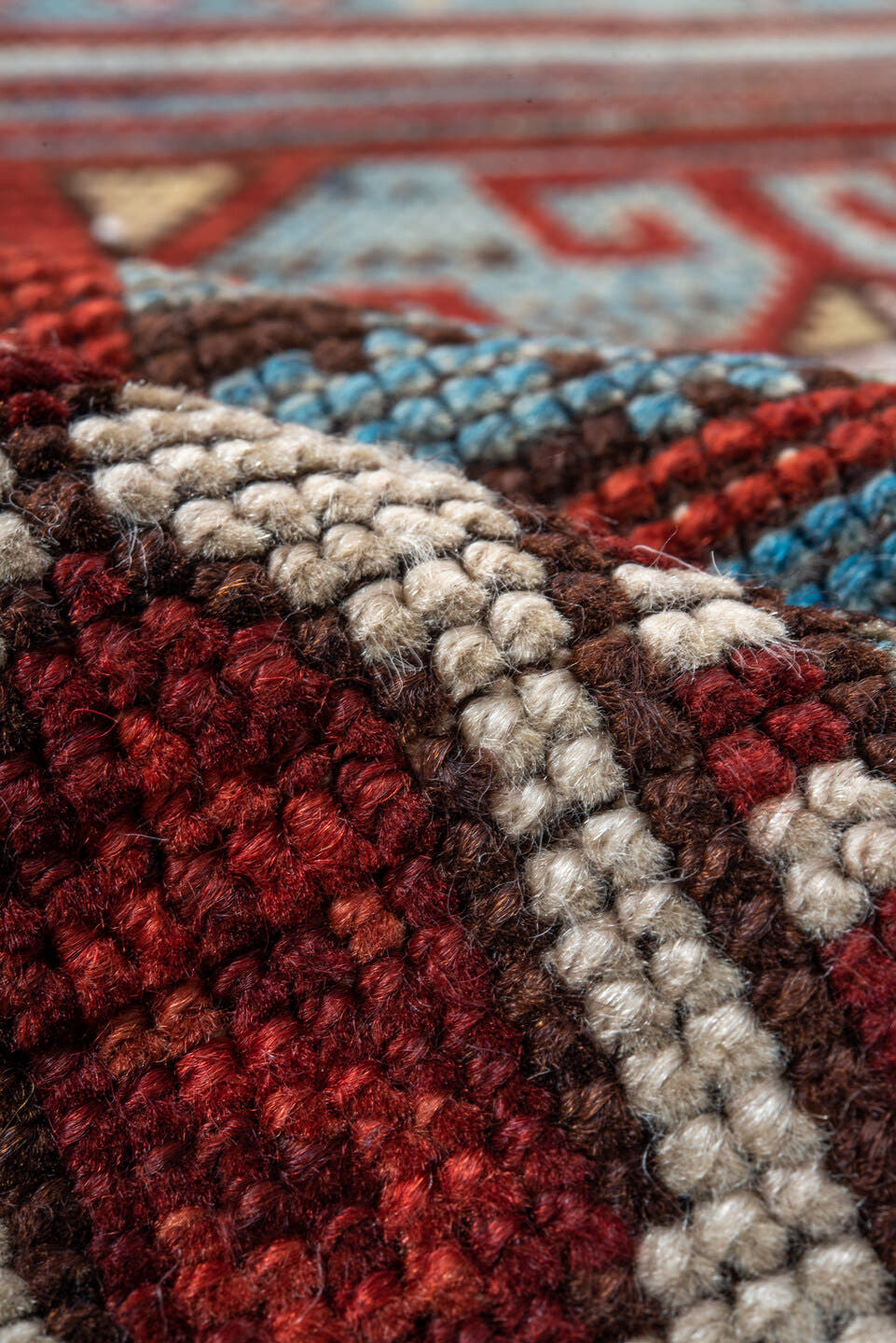 3' x 13' one-of-a-kind handmade antique Anatolian runner rug. Color palette: rust, pale blue, ivory, brick, brown, charcoal