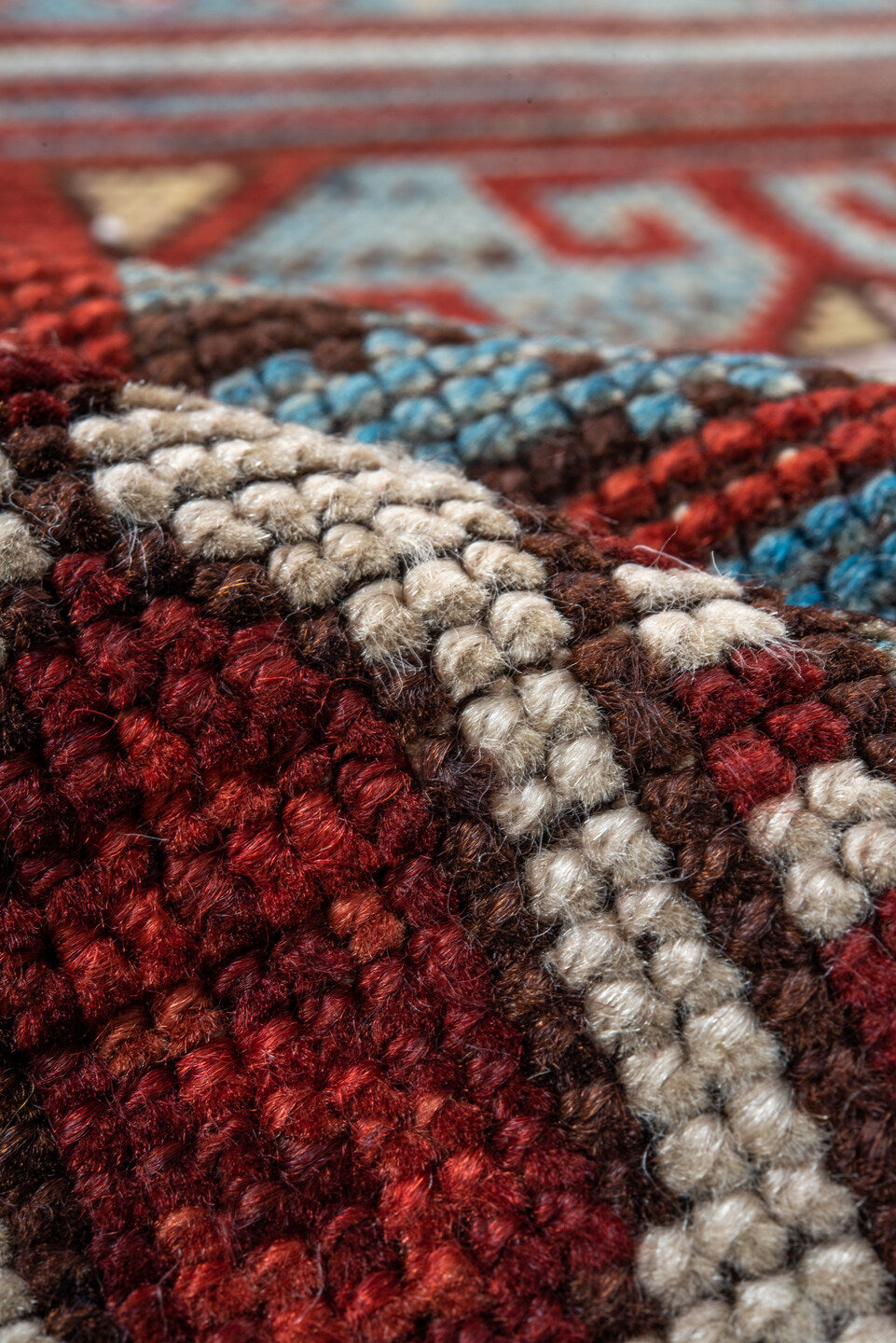3' x 13' one-of-a-kind handmade vintage Anatol runner rug. Color palette: brown, dim gray, gray, light gray, pink, red