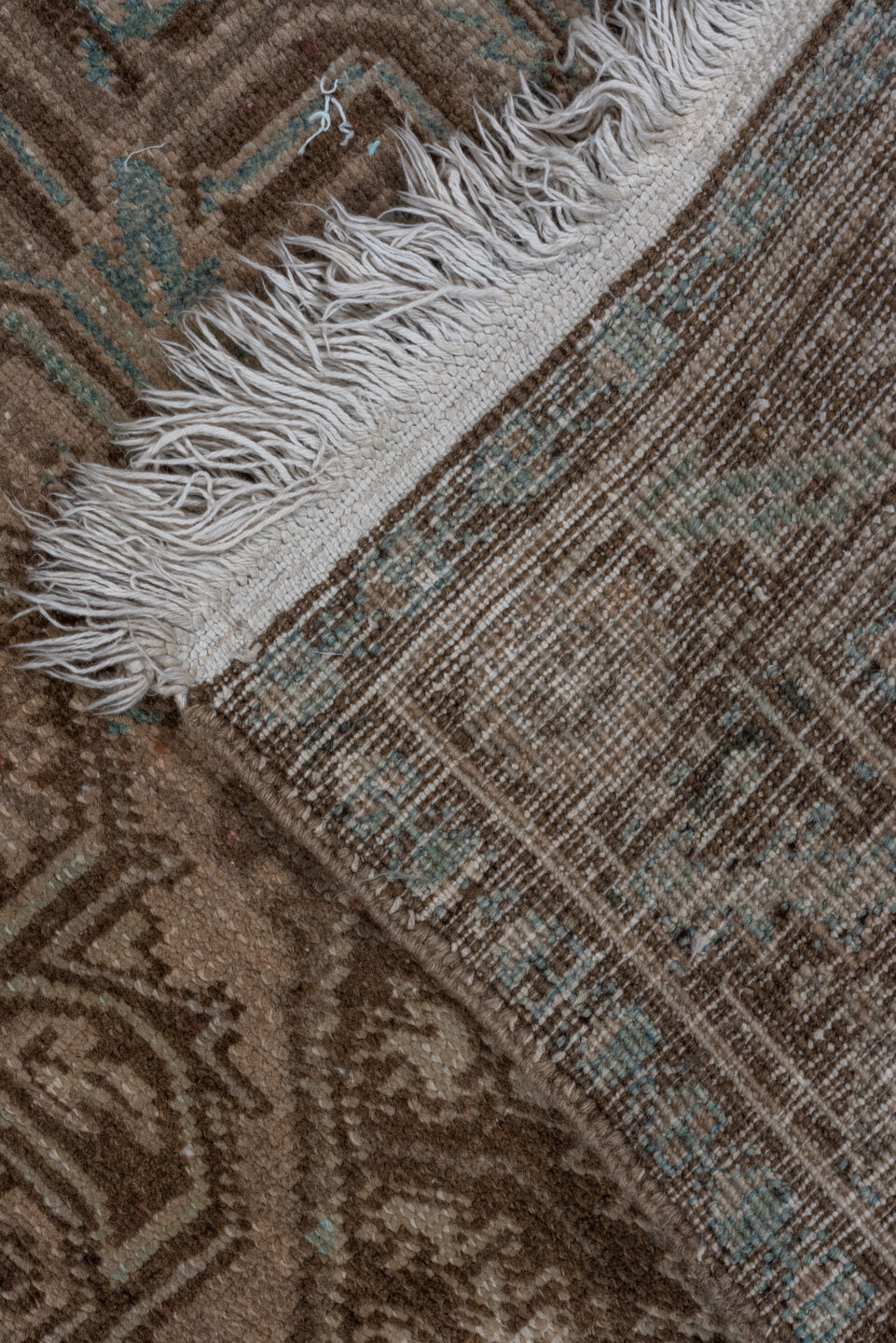 3' x 7' one-of-a-kind handmade vintage Heriz runner rug. Color palette: brown, dim gray, gray, light gray, off-white, silver