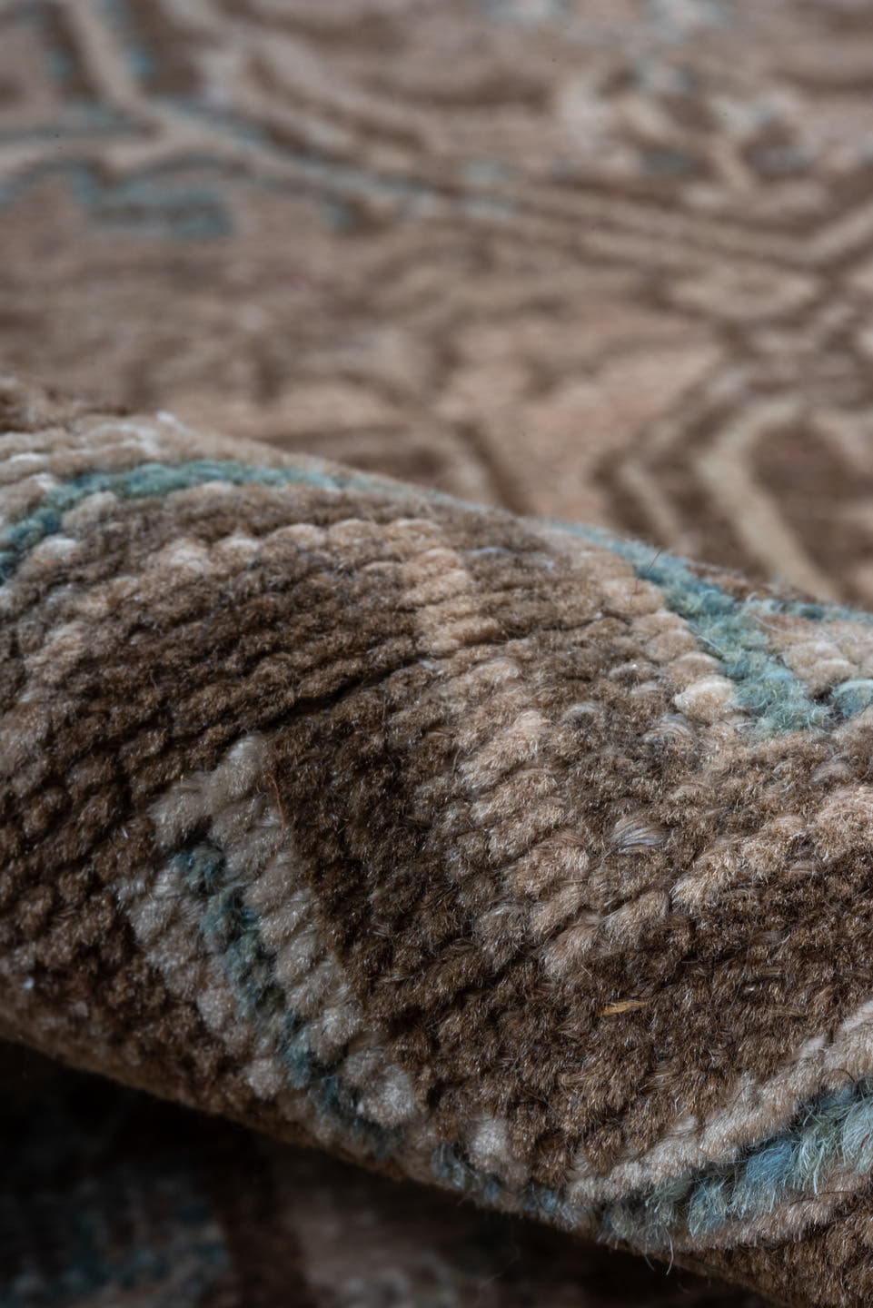 3' x 7' one-of-a-kind handmade antique Heriz runner rug. Color palette: brown, taupe, ivory, pale_blue, camel, beige, gray