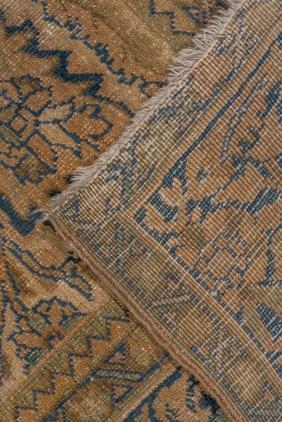 8' x 11' one-of-a-kind handmade antique Heriz large size rug. Color palette: camel, navy, taupe, beige, brown, ivory, blue
