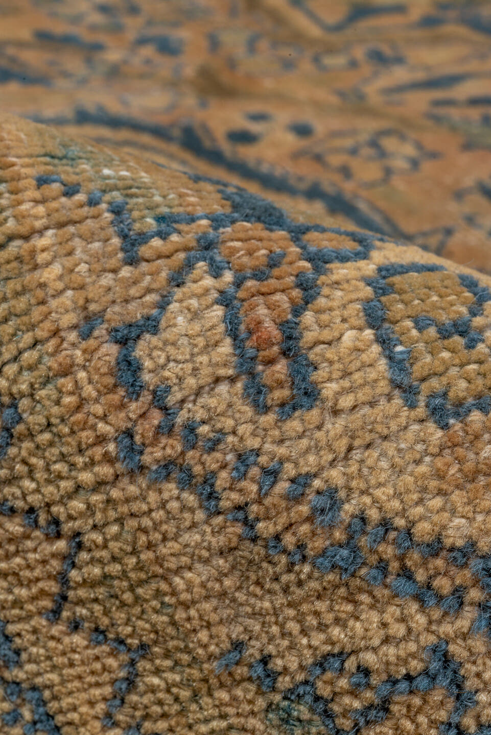8' x 11' one-of-a-kind handmade antique Heriz large size rug. Color palette: camel, navy, taupe, beige, brown, ivory, blue