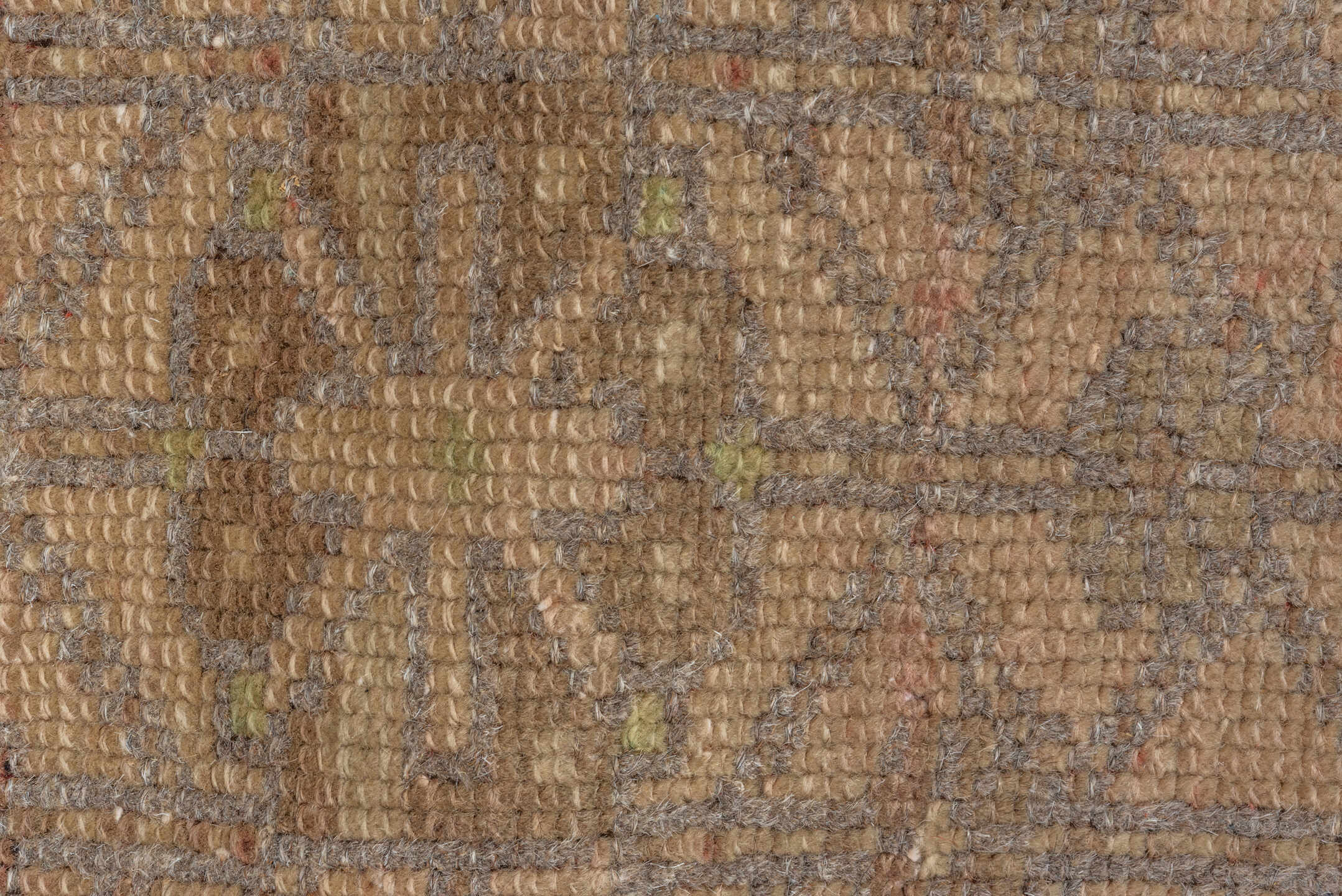 3' x 12' one-of-a-kind handmade antique Karaje runner rug. Color palette: taupe, brown, camel, sage, ivory, olive, charcoal