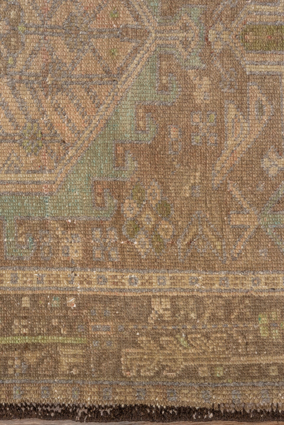3' x 12' one-of-a-kind handmade antique Karaje runner rug. Color palette: taupe, brown, camel, sage, ivory, olive, charcoal