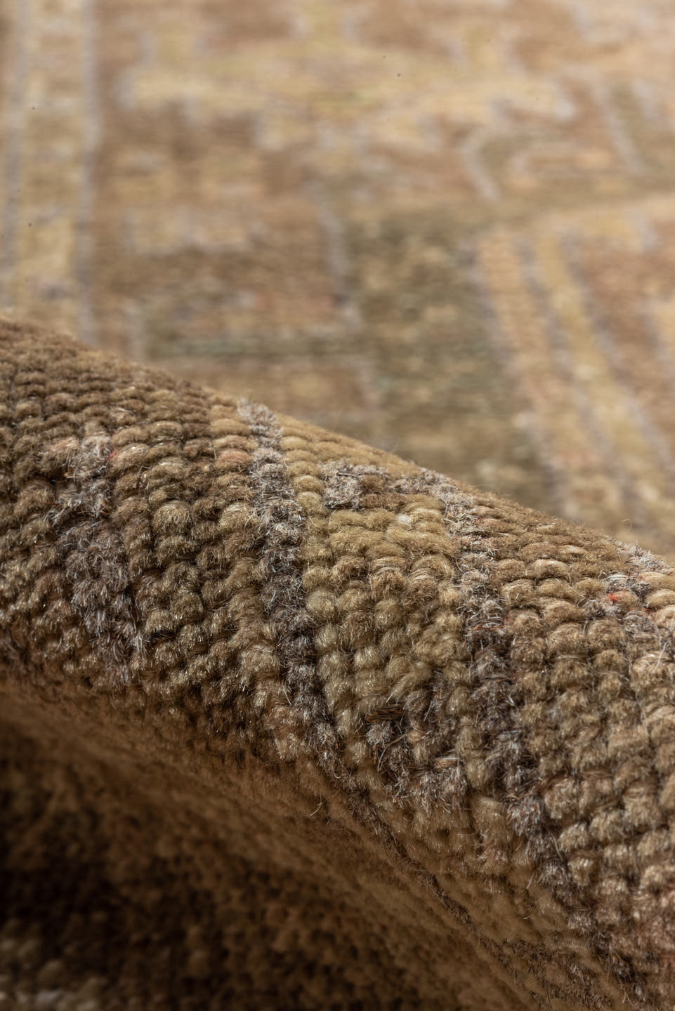 3' x 12' one-of-a-kind handmade antique Karaje runner rug. Color palette: taupe, brown, camel, sage, ivory, olive, charcoal
