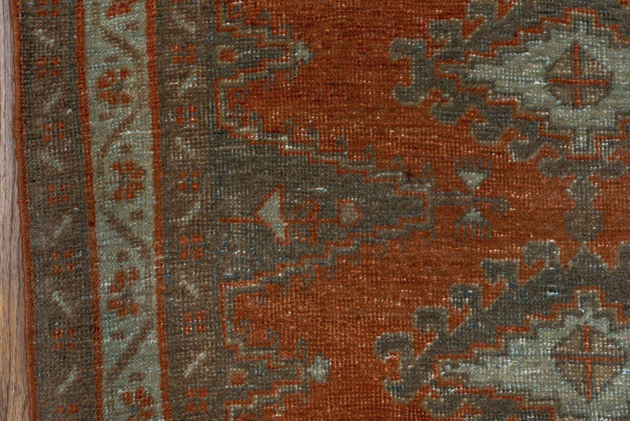 3' x 10' one-of-a-kind handmade vintage Veece runner rug. Color palette: brown, gray, light gray, off-white, pink, sienna