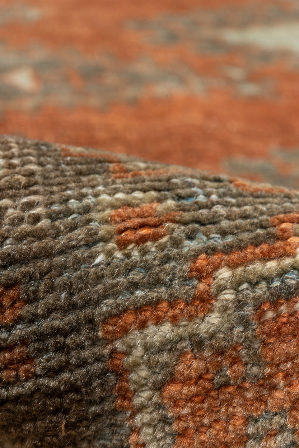 3' x 10' one-of-a-kind handmade vintage Veece runner rug. Color palette: brown, gray, light gray, off-white, pink, sienna