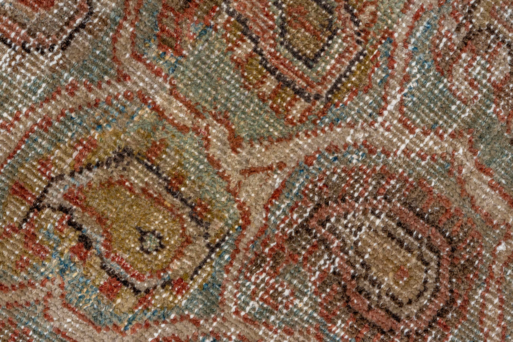 3' x 11' one-of-a-kind handmade antique Sarab runner rug. Color palette: taupe, terra cotta, brown, faded blue, rust, ivory