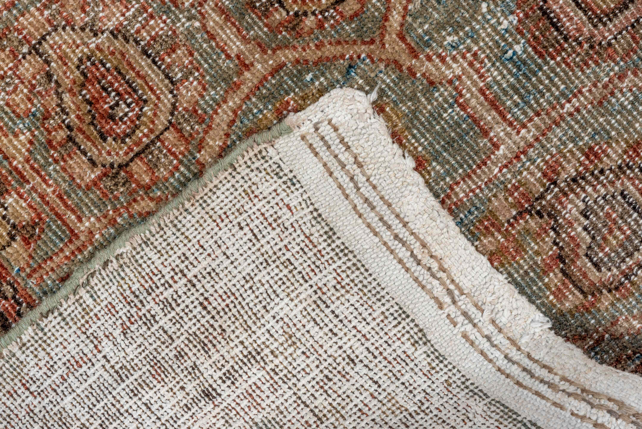 3' x 11' one-of-a-kind handmade antique Sarab runner rug. Color palette: taupe, terra cotta, brown, faded blue, rust, ivory