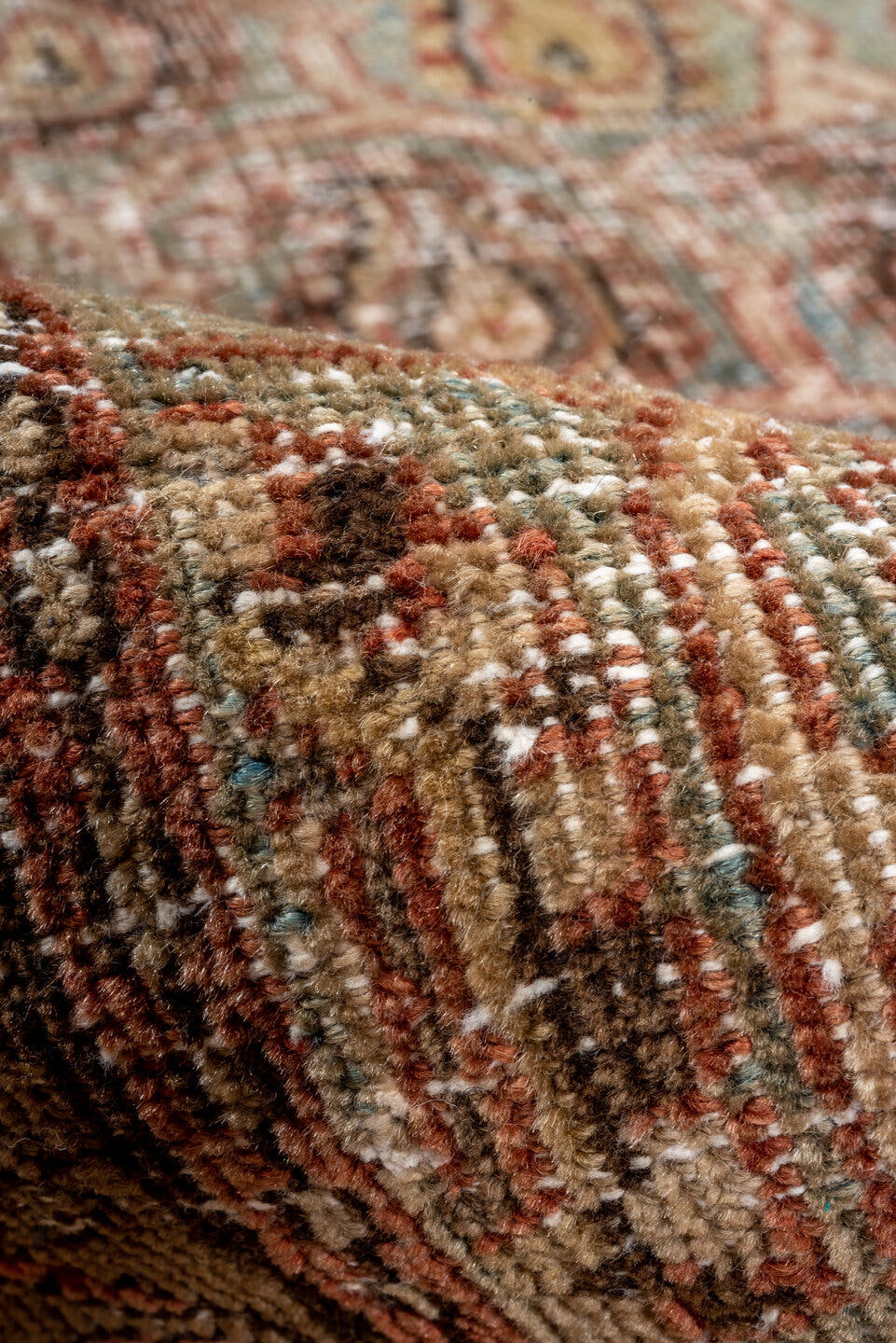3' x 11' one-of-a-kind handmade antique Sarab runner rug. Color palette: taupe, terra cotta, brown, faded blue, rust, ivory