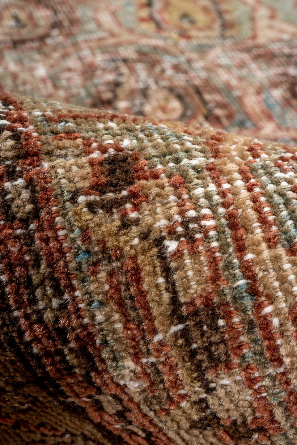 3' x 11' one-of-a-kind handmade antique Sarab runner rug. Color palette: taupe, terra cotta, brown, faded blue, rust, ivory
