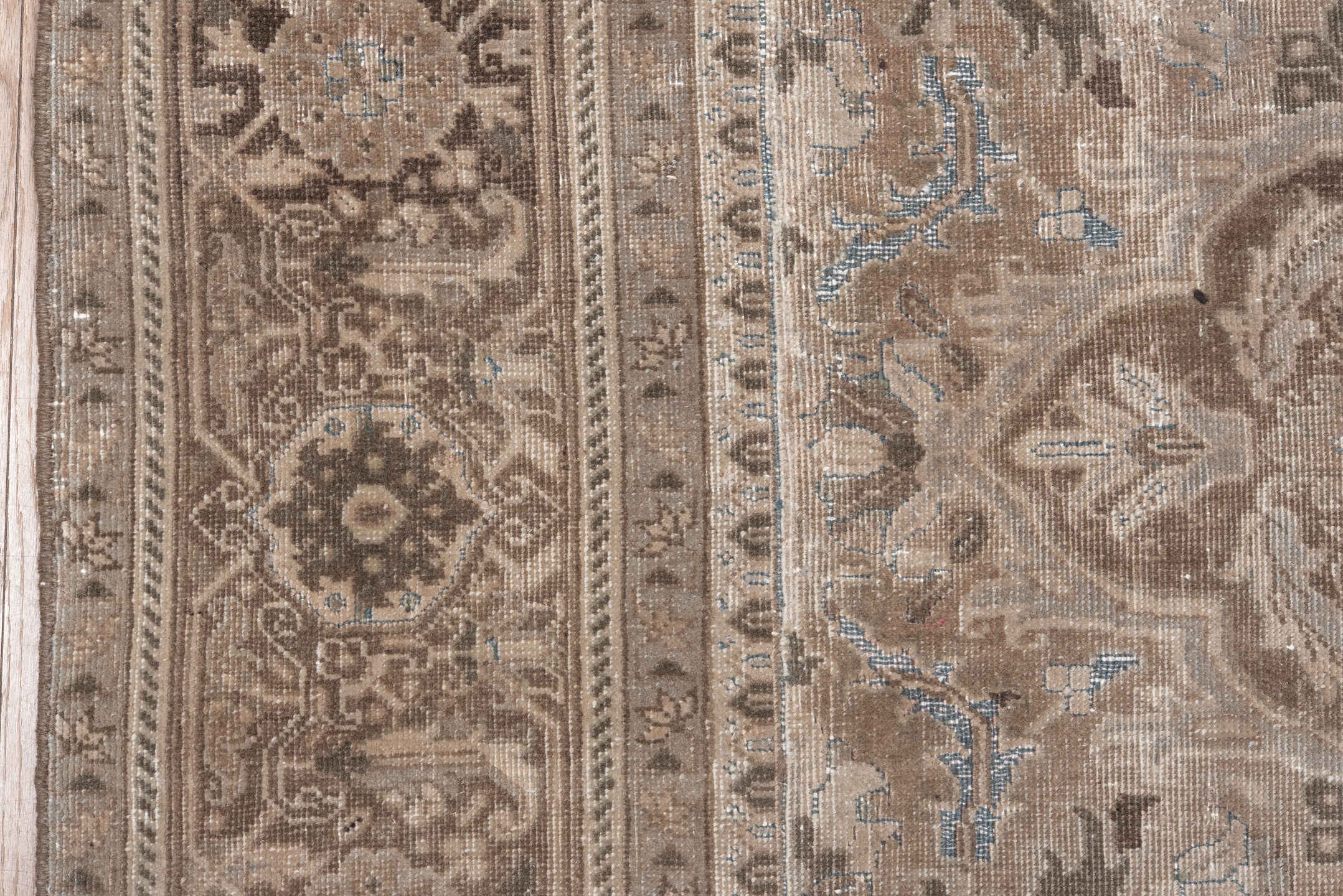 7' x 10' one-of-a-kind handmade vintage Heriz large size rug. Color palette: taupe, ivory, brown, beige, camel, pale blue