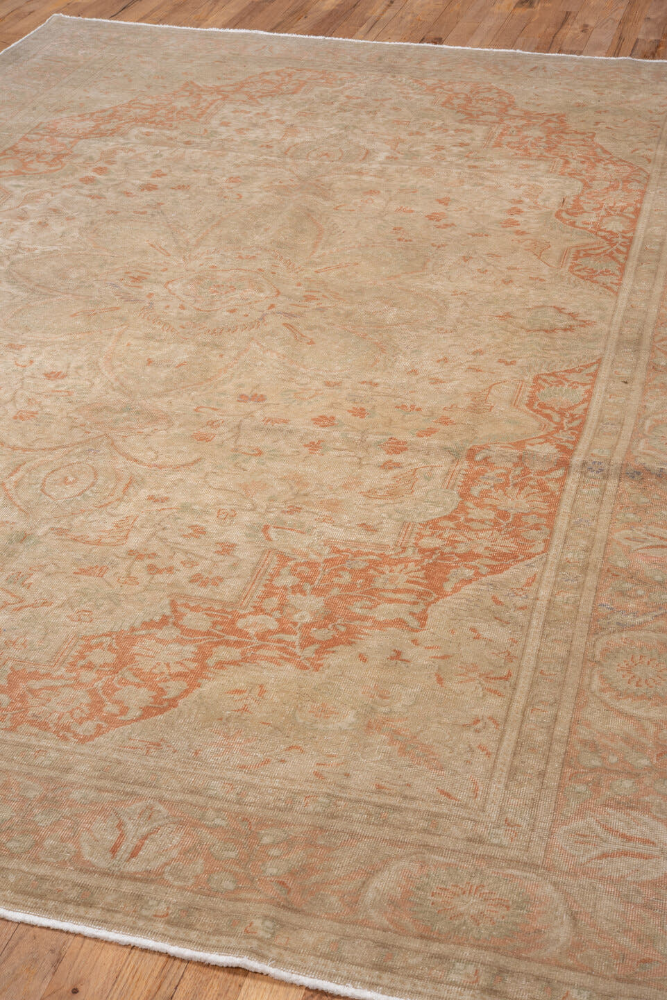 6' x 9' one-of-a-kind handmade antique Kaisary medium size rug. Color palette: ivory, blush, sand, taupe, sage, peach, pink