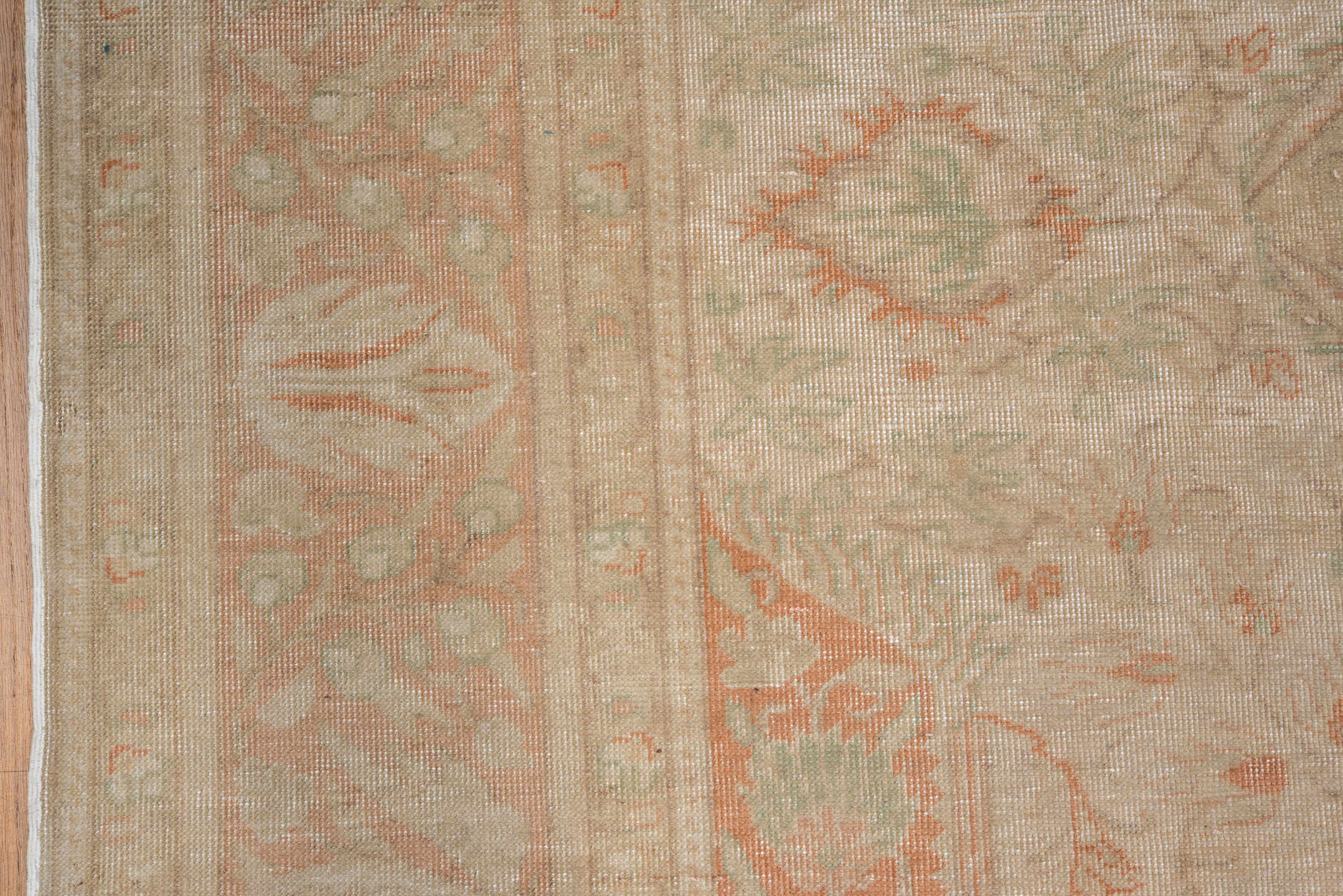 6' x 9' one-of-a-kind handmade antique Kaisary medium size rug. Color palette: ivory, blush, sand, taupe, sage, peach, pink