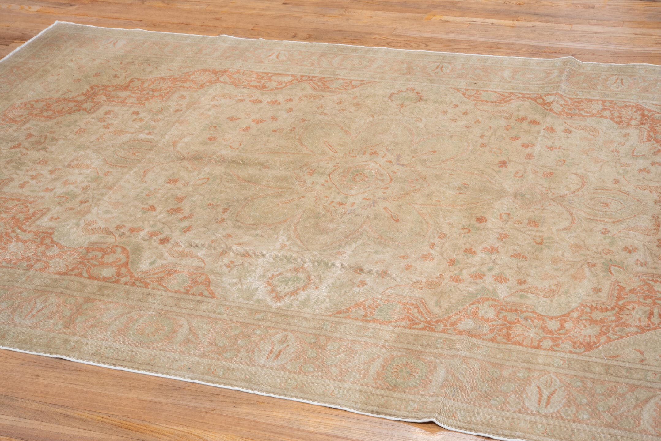 6' x 9' one-of-a-kind handmade antique Kaisary medium size rug. Color palette: ivory, blush, sand, taupe, sage, peach, pink