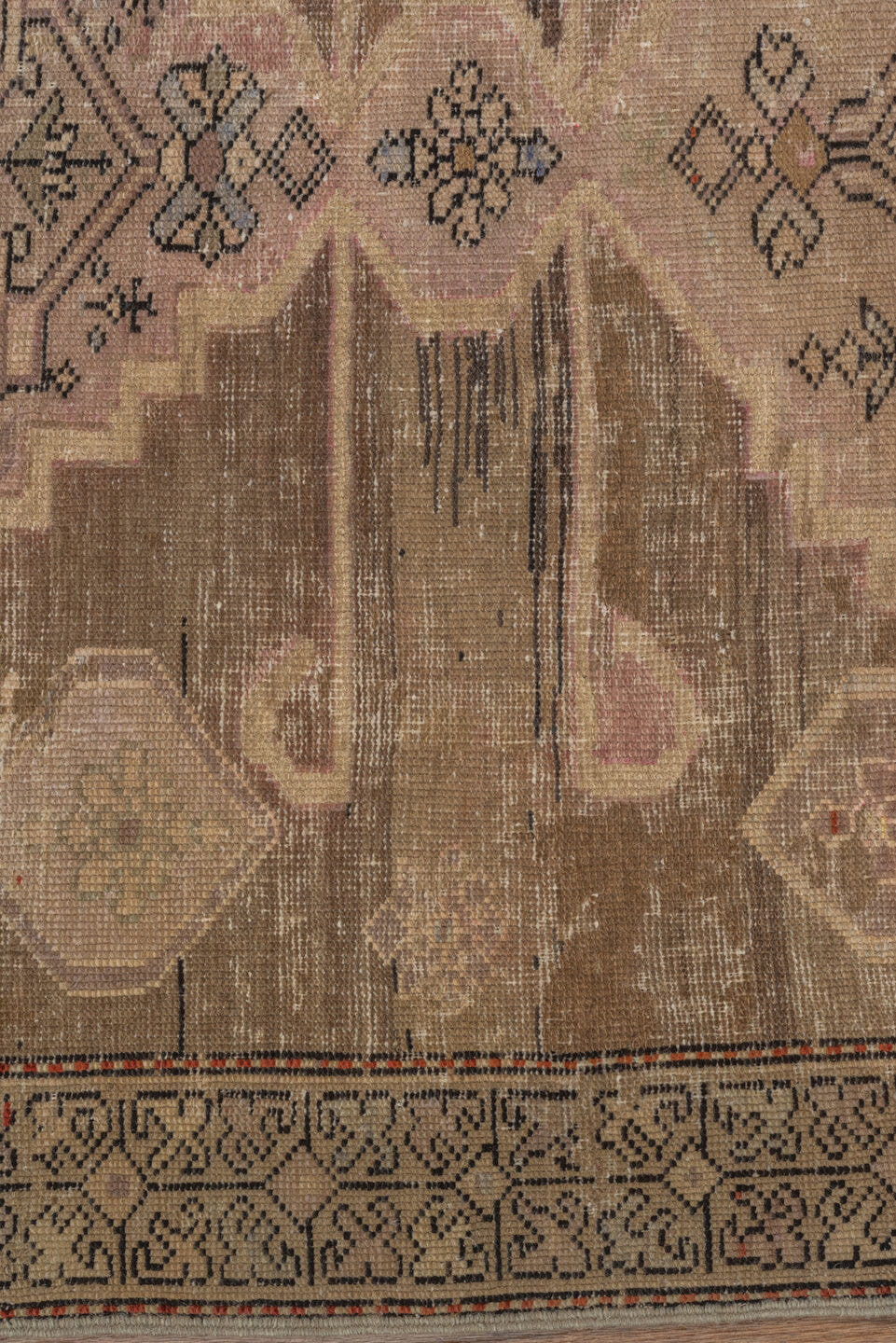 3' x 7' one-of-a-kind handmade antique Caucasian runner rug. Color palette: taupe, ivory, charcoal, blush, brown, camel