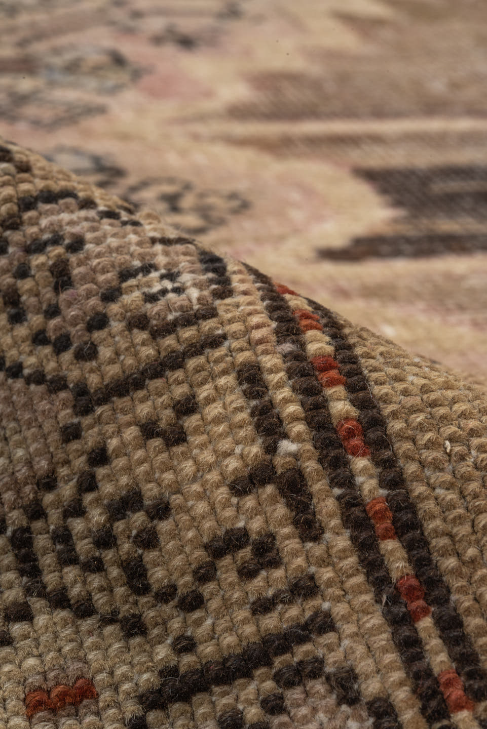3' x 7' one-of-a-kind handmade antique Caucasian runner rug. Color palette: taupe, ivory, charcoal, blush, brown, camel