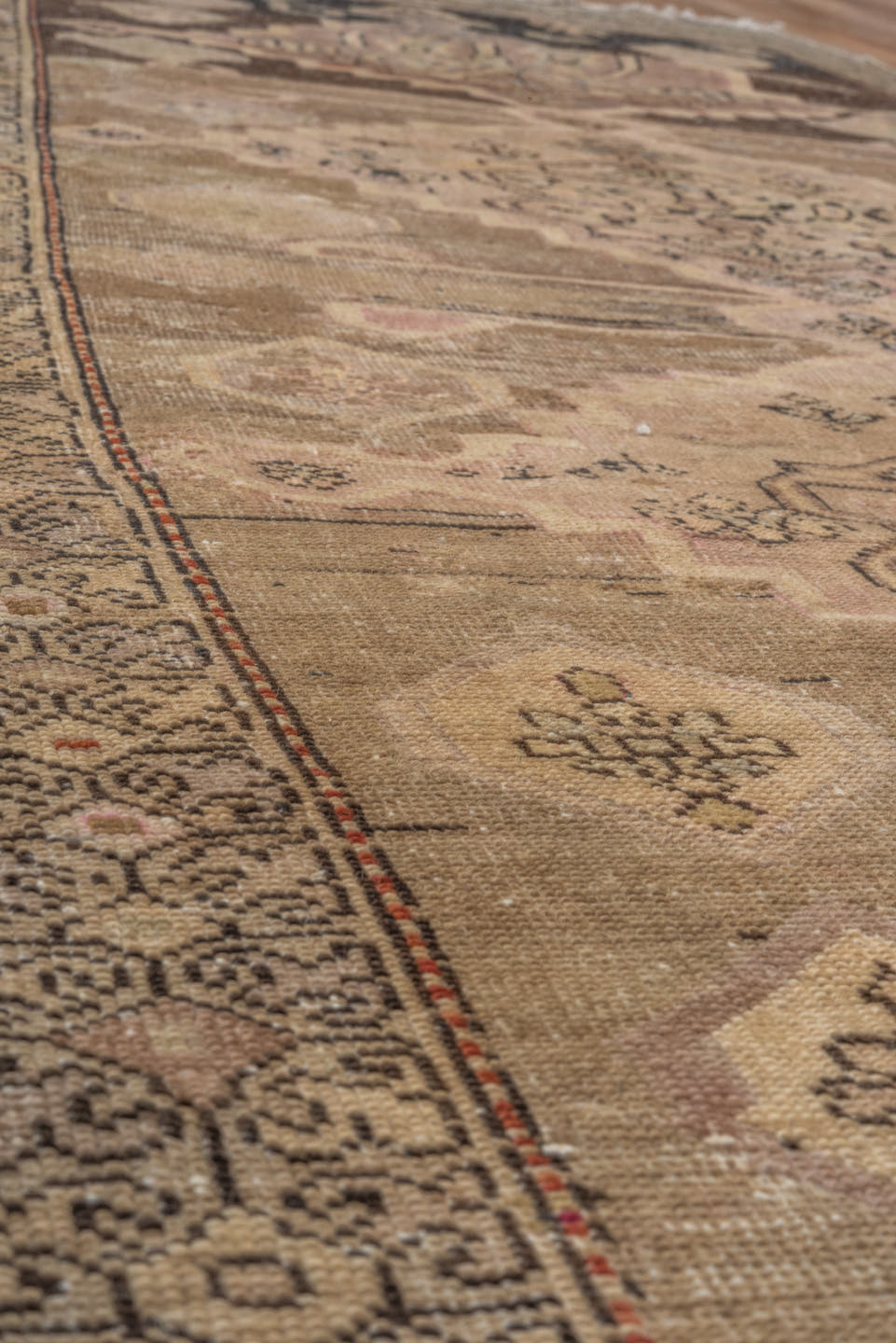 3' x 7' one-of-a-kind handmade antique Caucasian runner rug. Color palette: taupe, ivory, charcoal, blush, brown, camel
