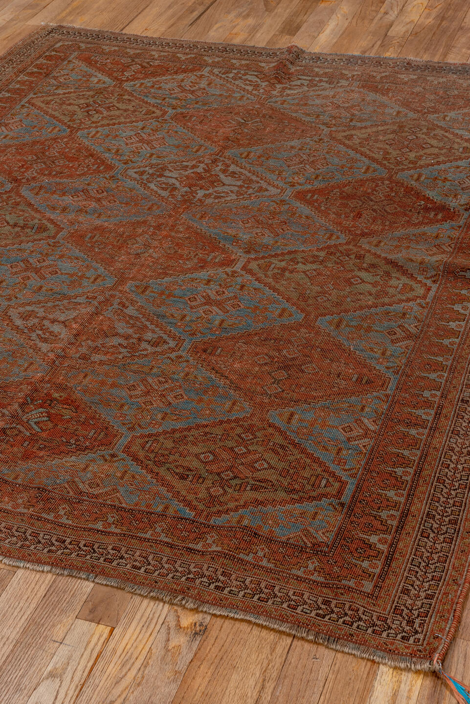 4' x 5' one-of-a-kind handmade vintage Afshar small size rug. Color palette: blue, brown, dim gray, gray, light gray