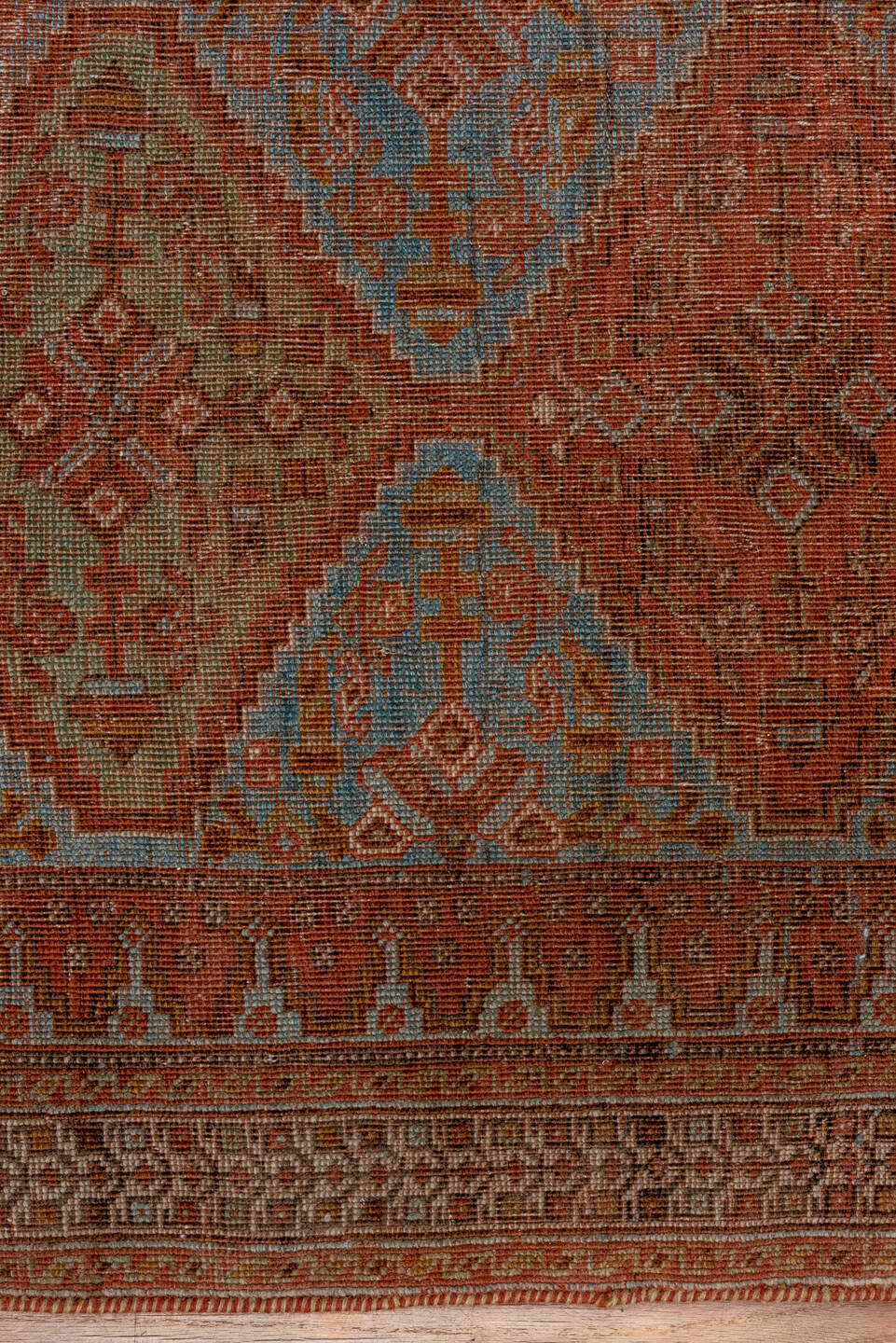 4' x 5' one-of-a-kind handmade antique Afshar small size rug. Color palette: rust, terra cotta, pale blue, ivory, camel