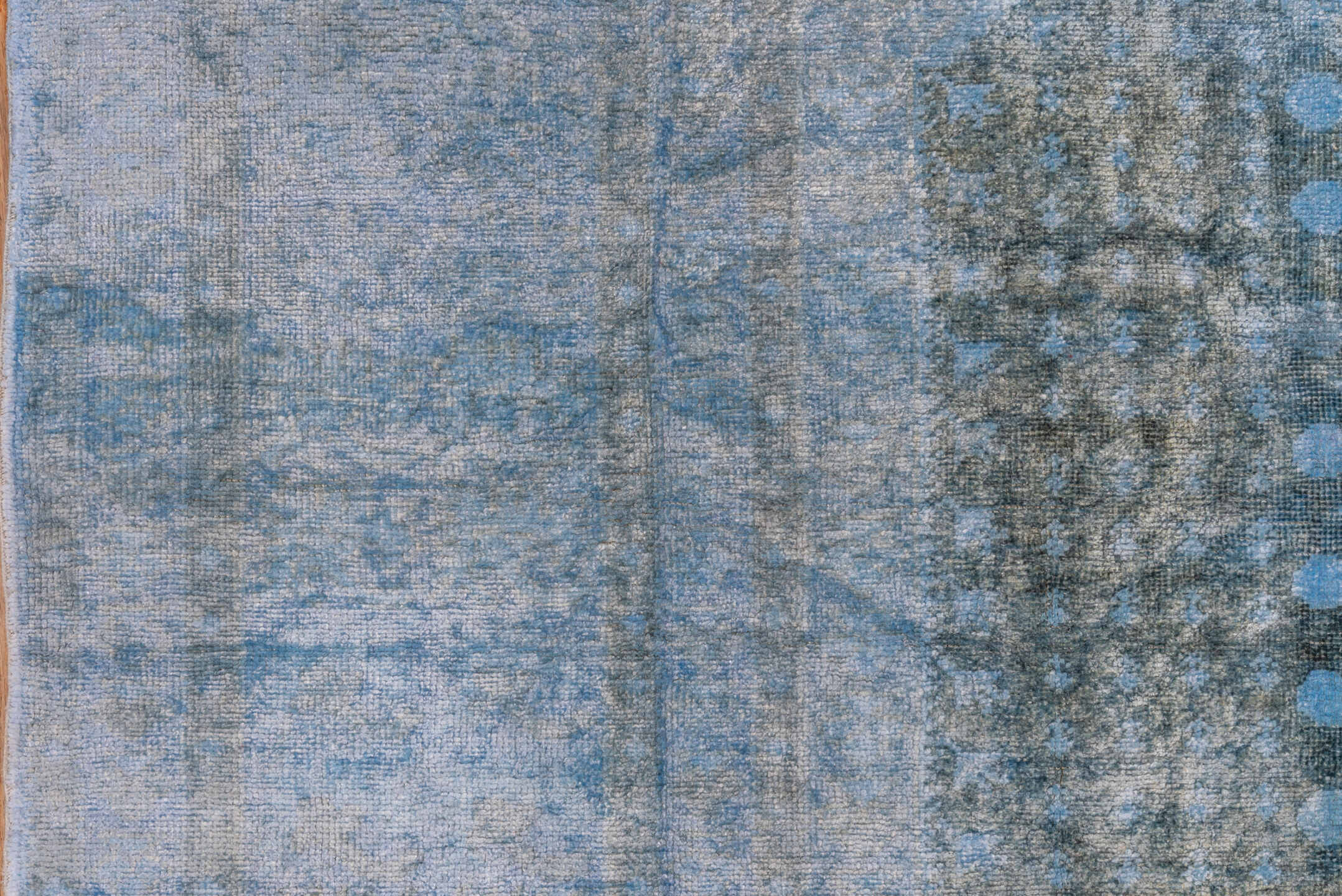 3' x 6' one-of-a-kind handmade antique Overdyed small size rug. Color palette: sky blue, aqua, slate, charcoal, light blue