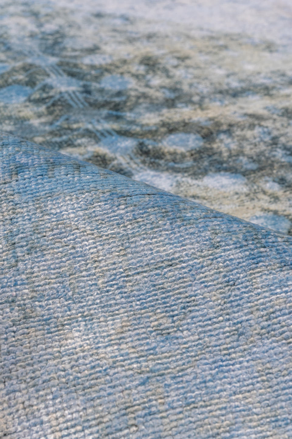 3' x 6' one-of-a-kind handmade antique Overdyed small size rug. Color palette: sky blue, aqua, slate, charcoal, light blue