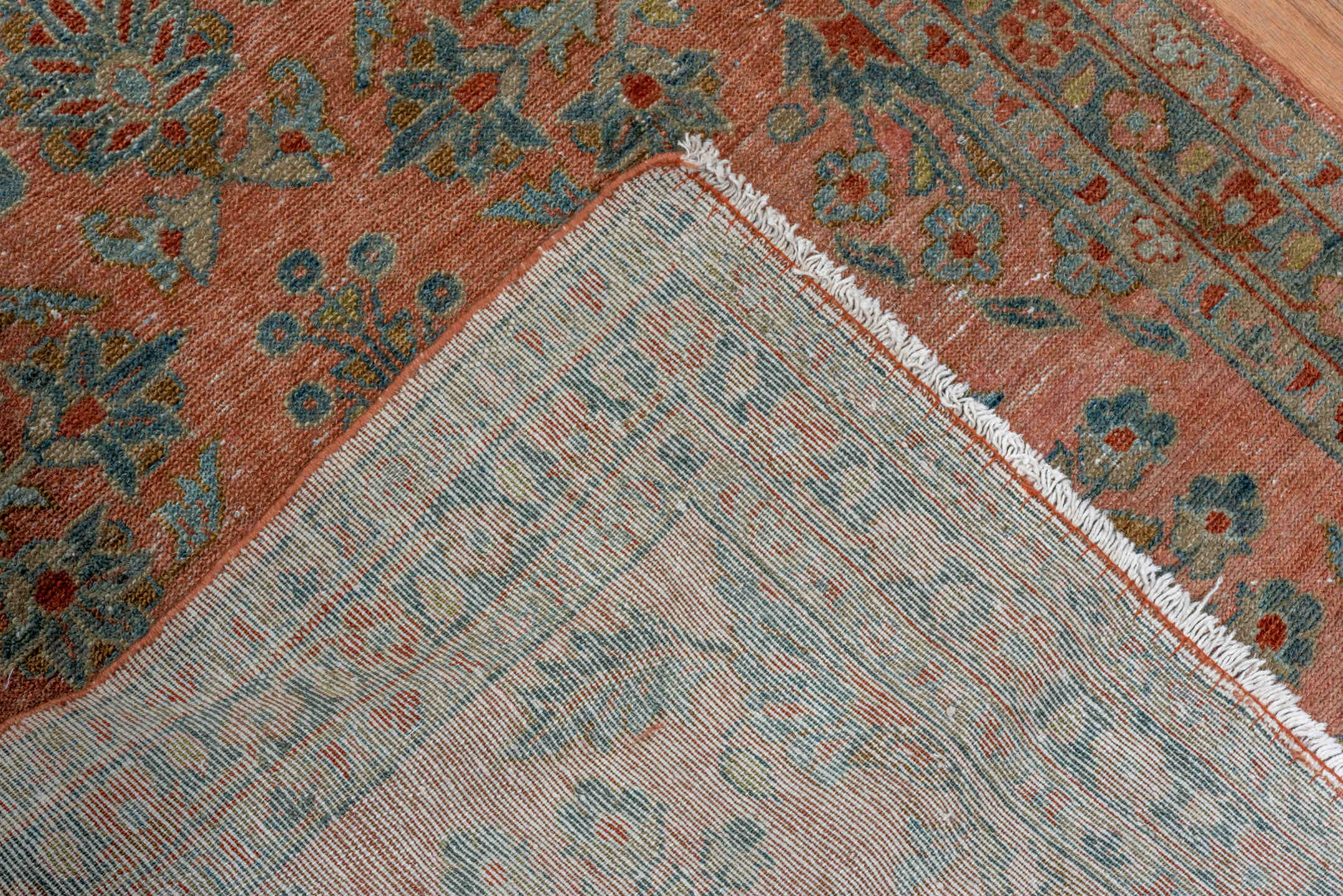 2' x 15' one-of-a-kind handmade antique Lilian runner rug. Color palette: rose, terra cotta, slate, sage, rust, ivory, pink