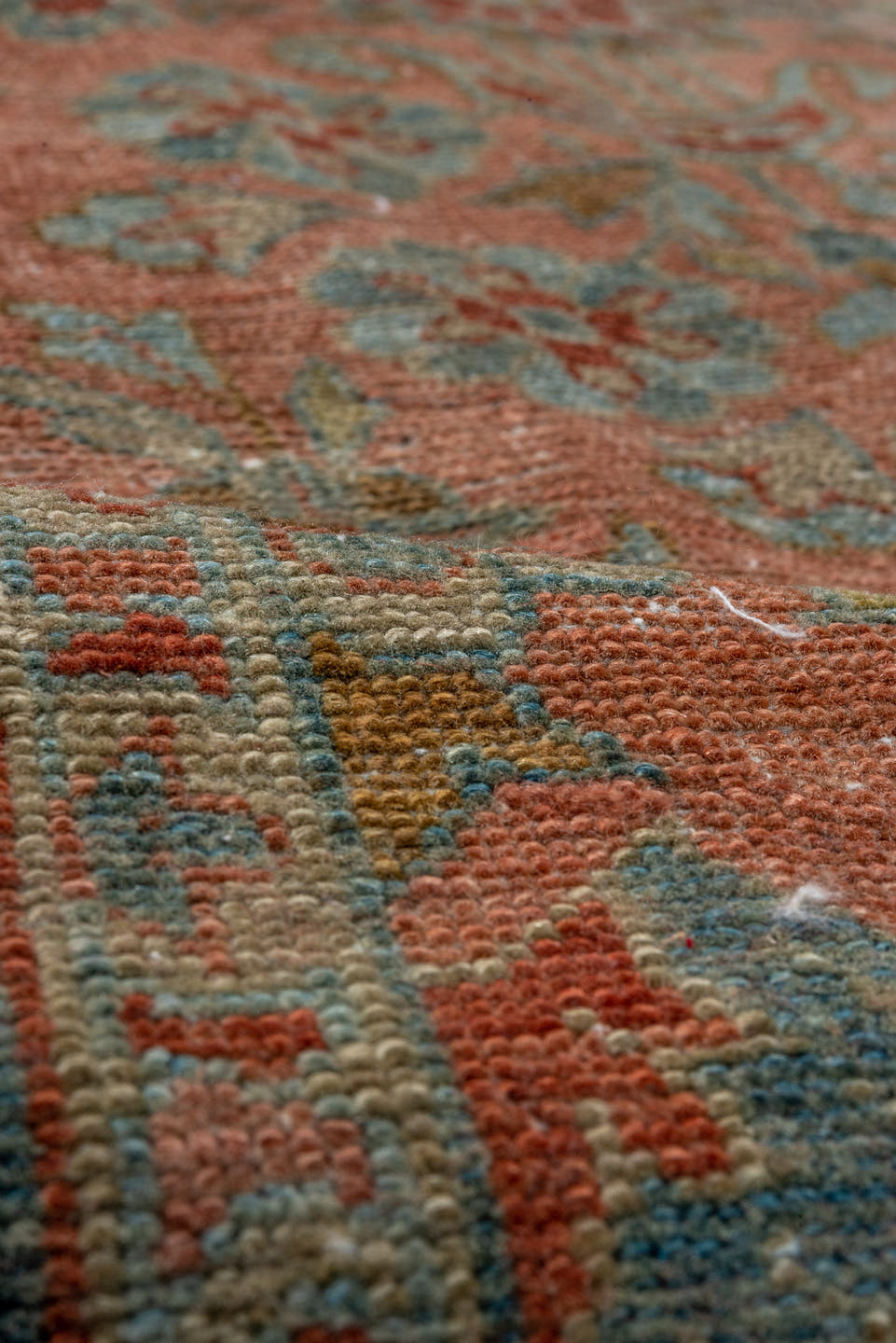 2' x 15' one-of-a-kind handmade antique Lilian runner rug. Color palette: rose, terra cotta, slate, sage, rust, ivory, pink